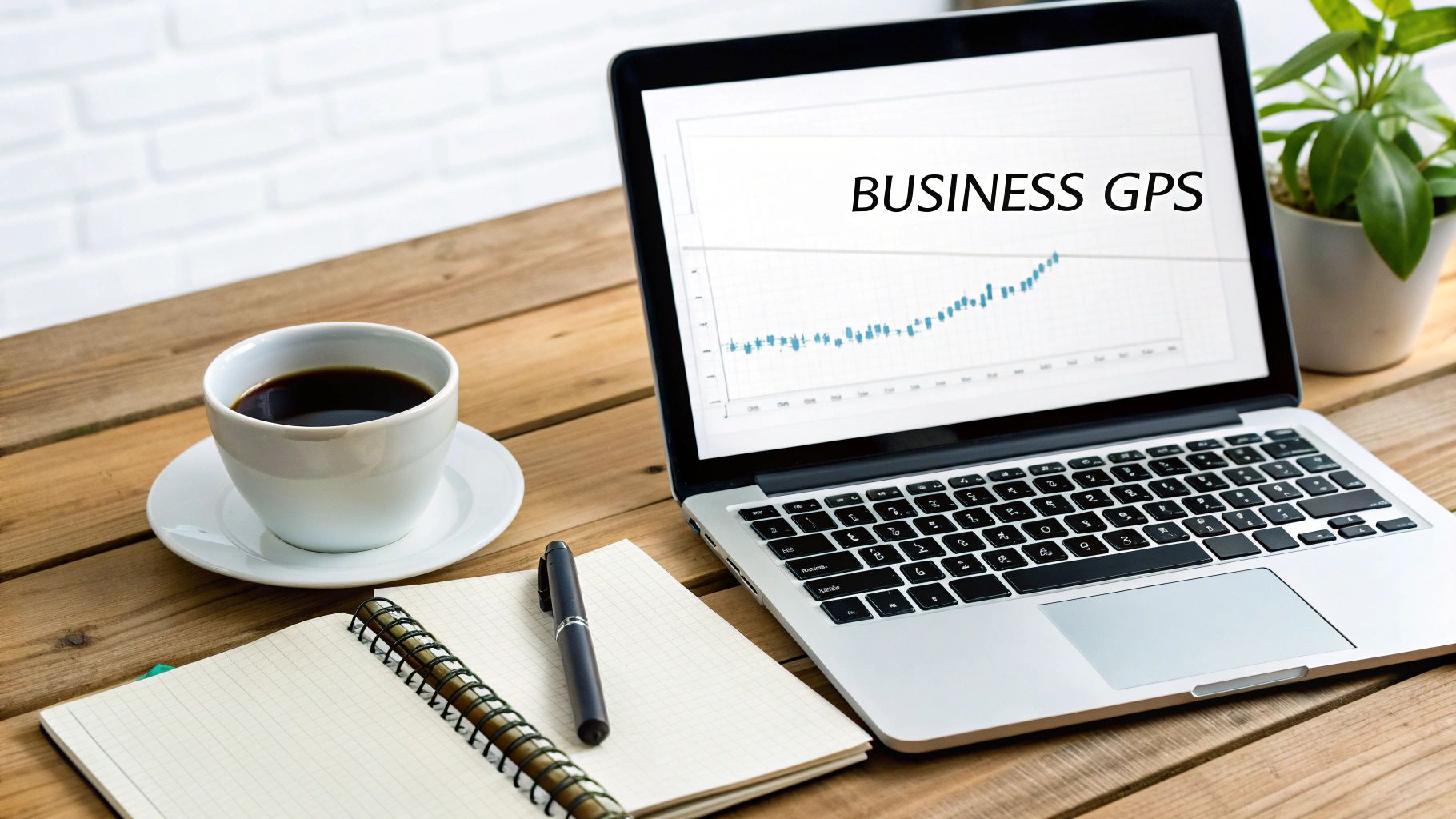 A laptop displaying "BUSINESS GPS" and a graph, with a coffee cup, notebook, and pen on a wooden desk.