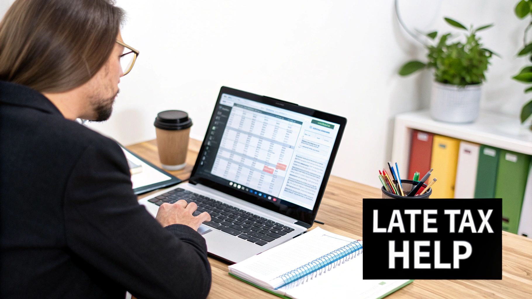 Man with glasses works on laptop at desk, featuring 'LATE TAX HELP' text for assistance.