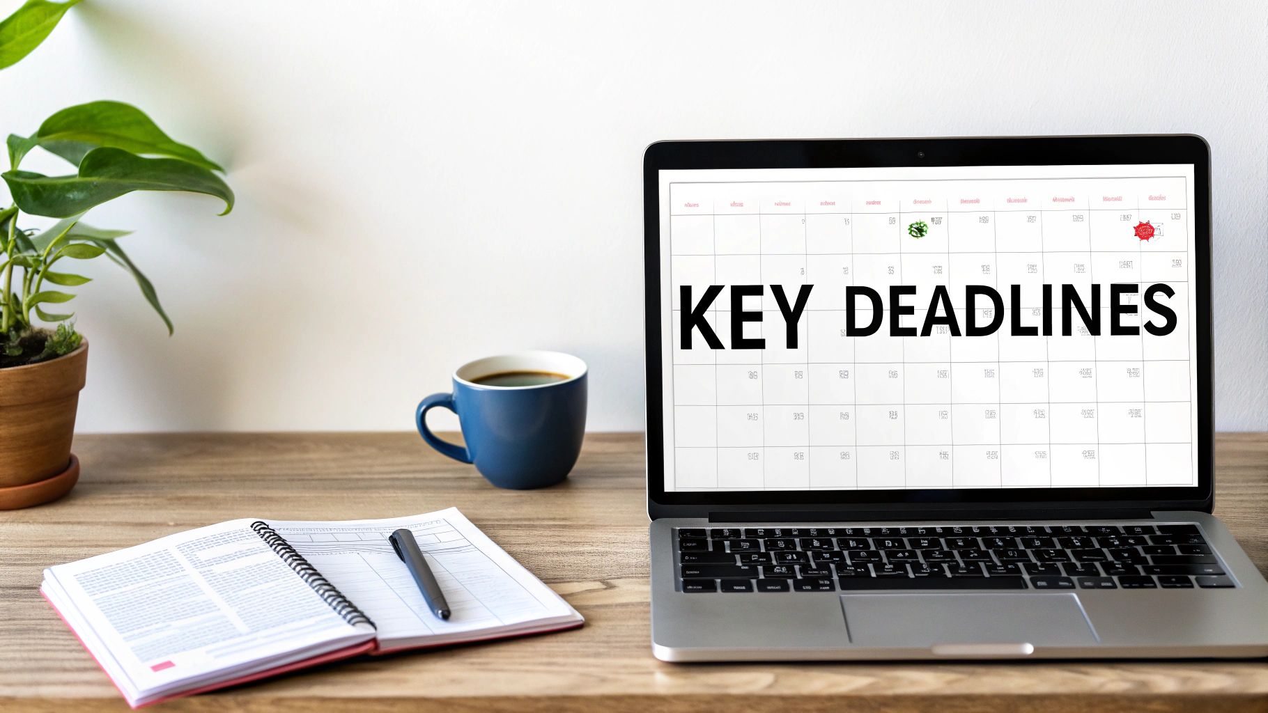Laptop displaying key deadlines calendar on wooden desk with notebook and coffee cup
