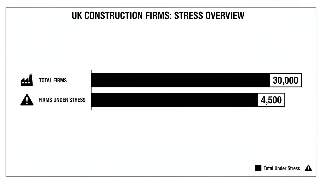 Bar chart showing UK construction firms overview: 30,000 total firms and 4,500 firms under stress.