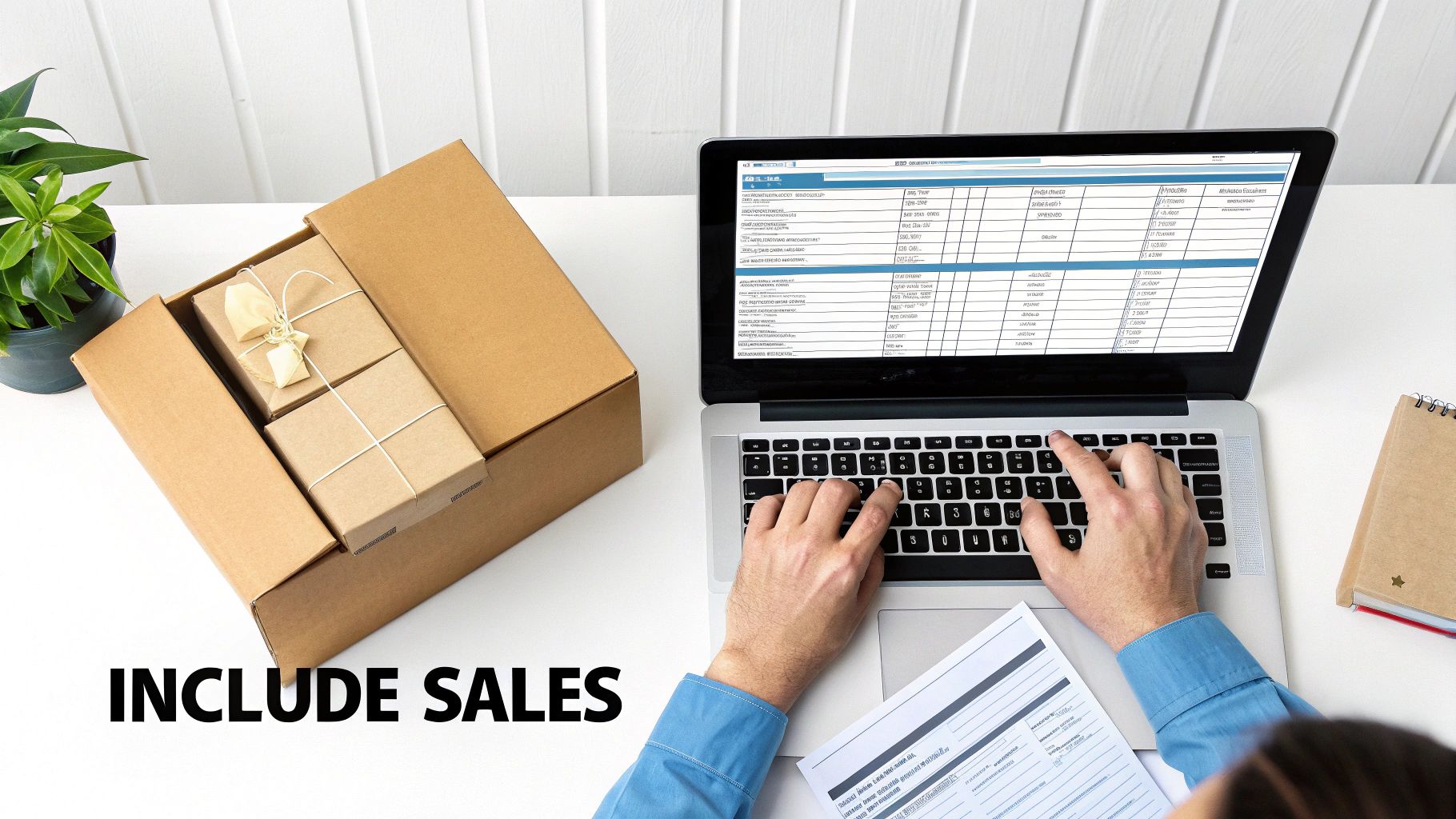 Person on laptop, managing sales data and packaging small boxes for e-commerce business operations.