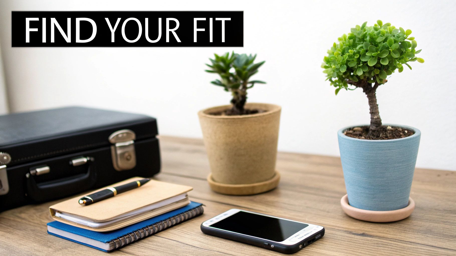 An organised office desk featuring a black briefcase, two notebooks, a pen, a smartphone, and two green potted plants, with the text 'FIND YOUR FIT'.