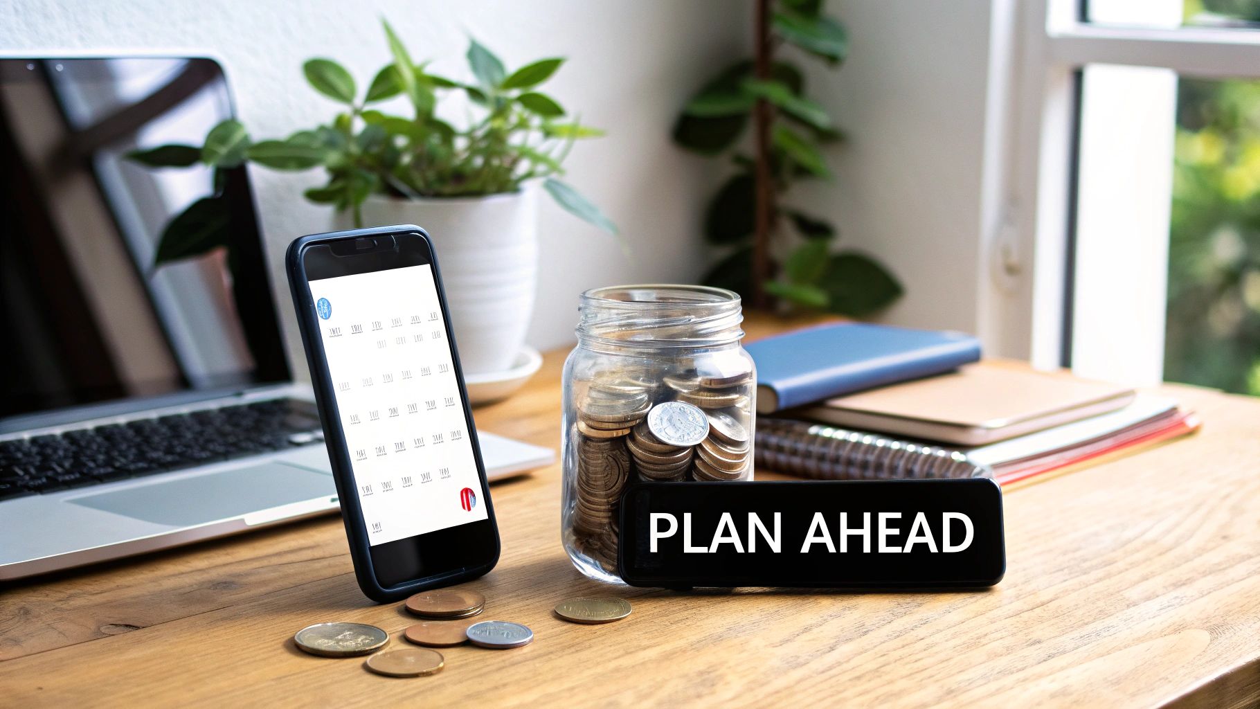 A desk with a laptop, smartphone showing a calendar, coin jar, and a 'PLAN AHEAD' sign.