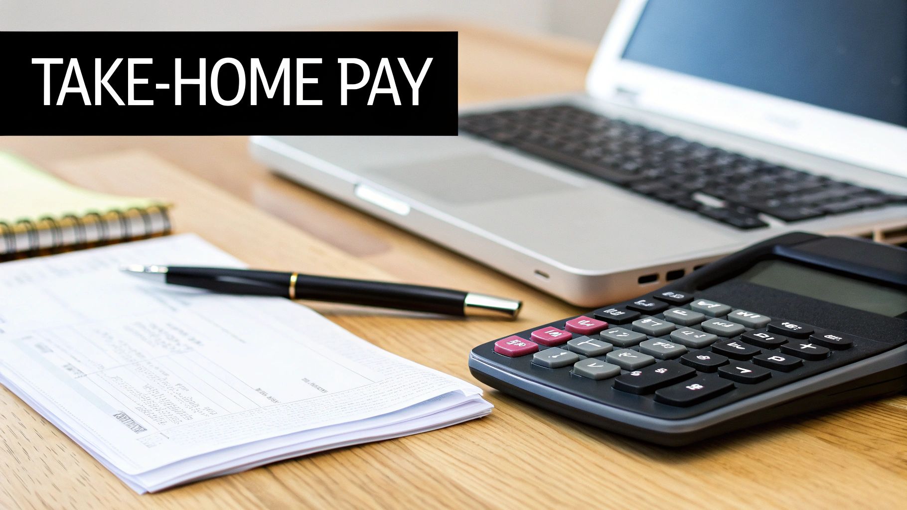 A desk setup with documents, pen, calculator, and laptop, featuring a banner with 'TAKE-HOME PAY'.