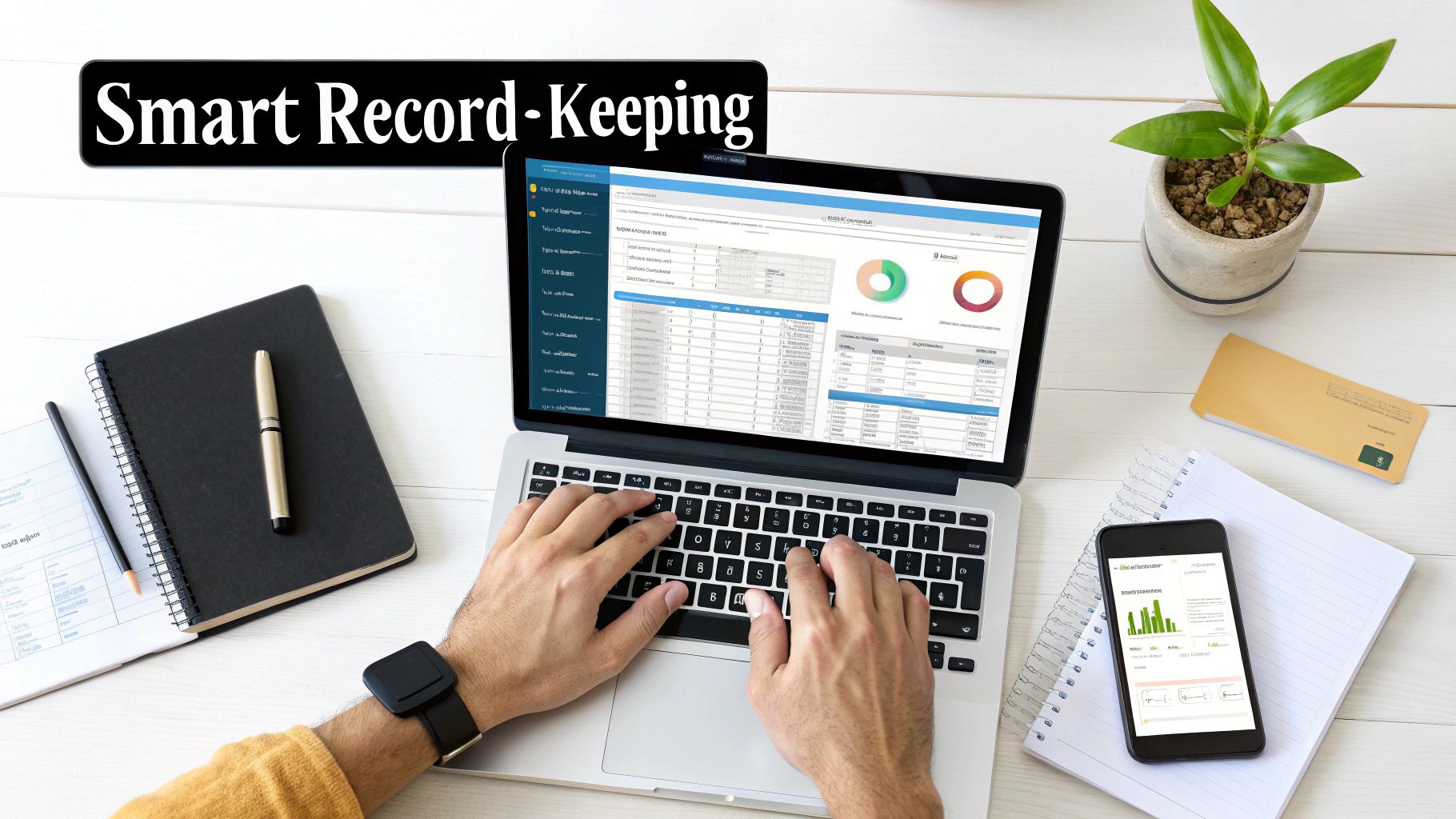 A person uses a laptop for smart record-keeping with a smartphone, notebook, and plant on a white desk.