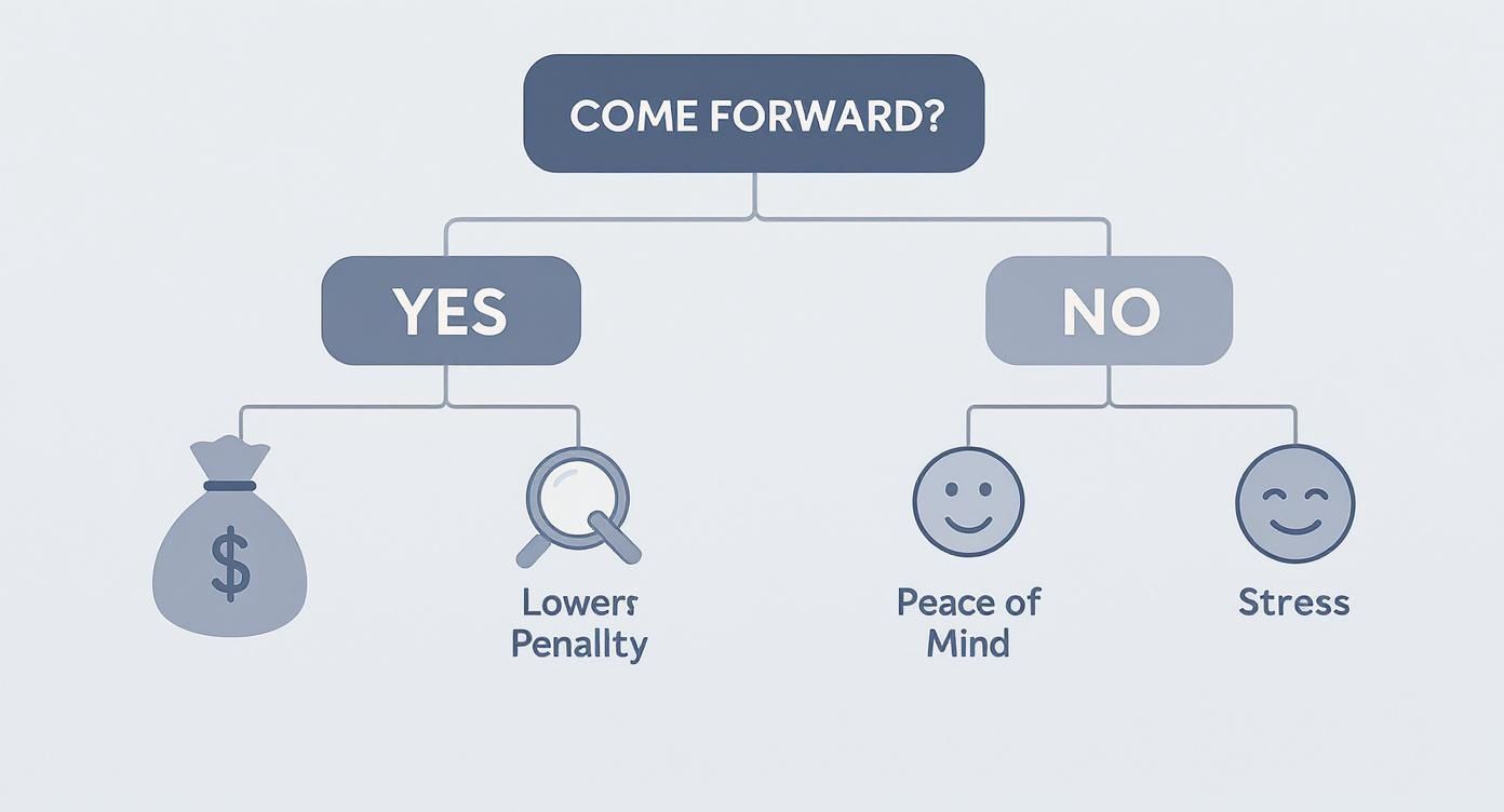 Infographic decision tree showing the positive outcomes of making a voluntary disclosure (lower penalty, no investigation, peace of mind) versus the negative outcomes of not doing so (higher penalty, stress).