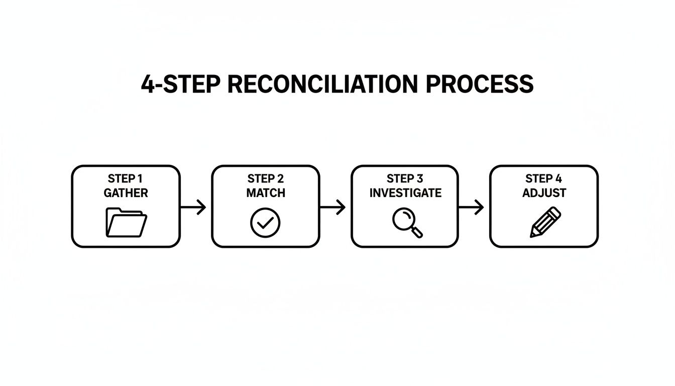 A visual diagram outlining the four steps of the reconciliation process: Gather, Match, Investigate, Adjust.