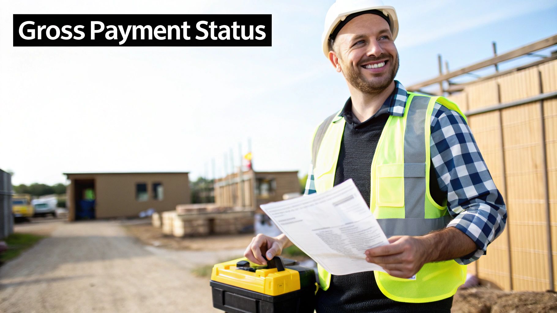 A smiling construction worker in a hard hat and safety vest reviews documents on a construction site.