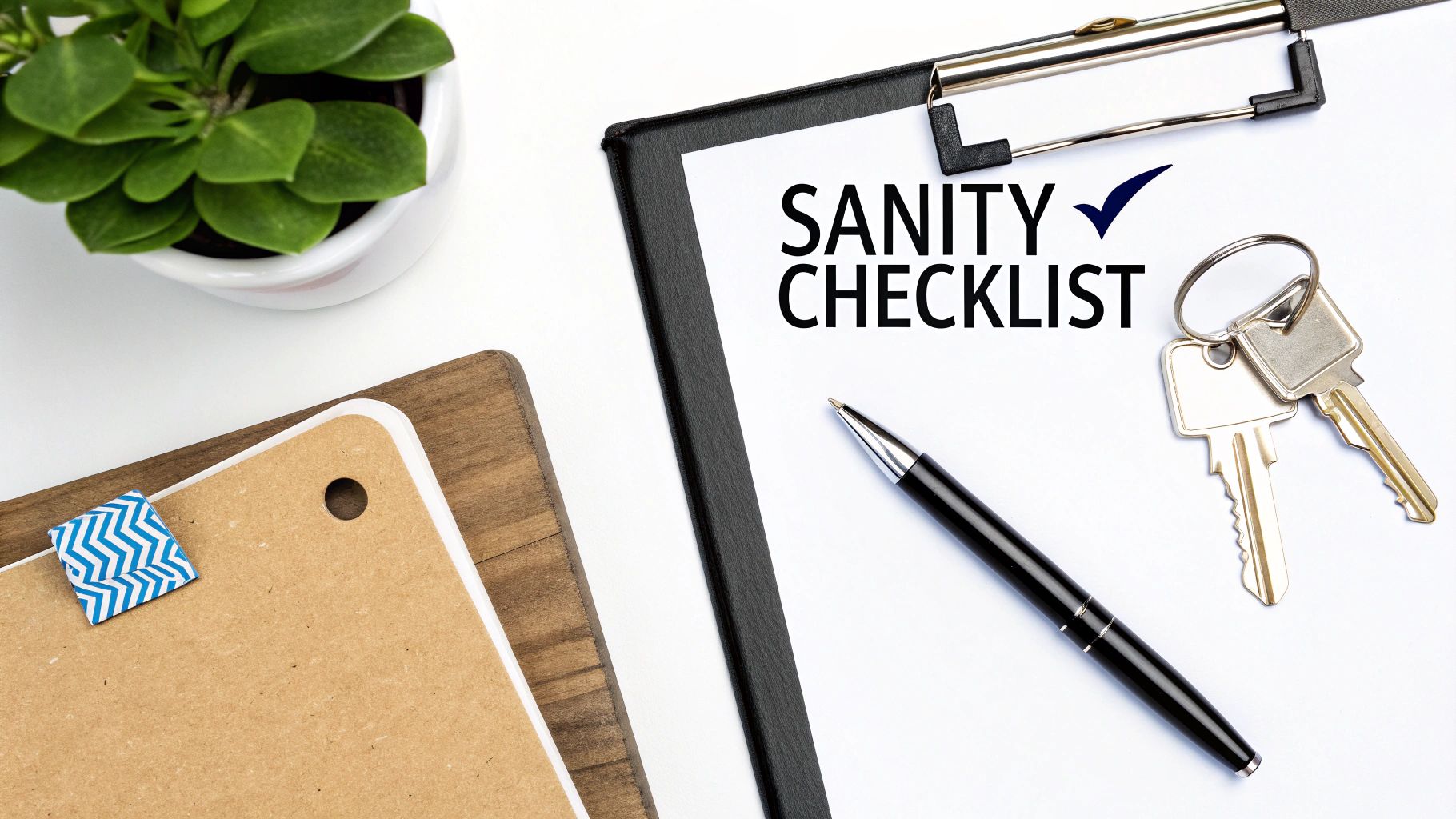 A desk flat lay with a 'SANITY CHECKLIST' clipboard, keys, pen, notebook, and a potted plant.