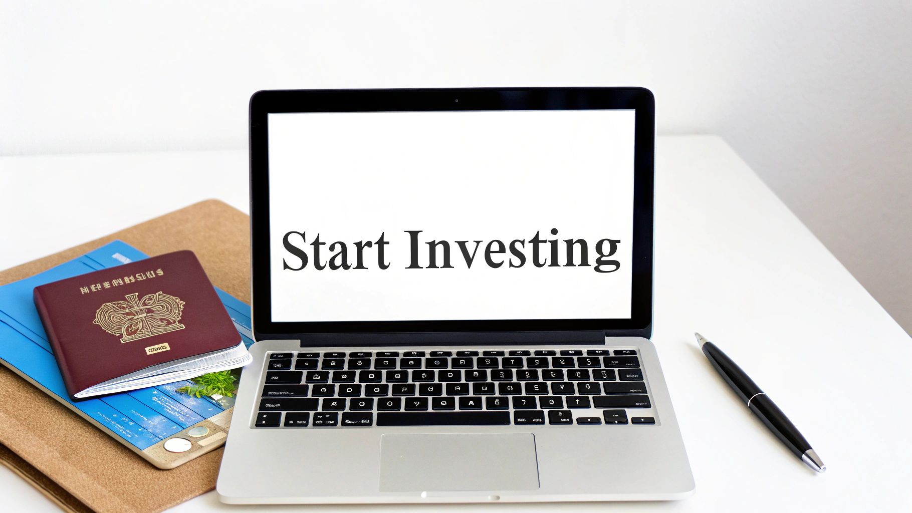 A person sitting at a desk, looking at a laptop and holding a credit card, ready to make an online investment.