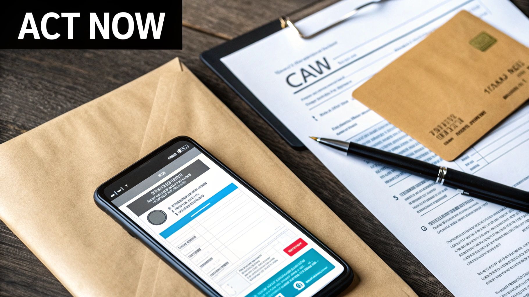 A smartphone displaying a form, documents, a pen, and an envelope on a desk, with 'ACT NOW' text.