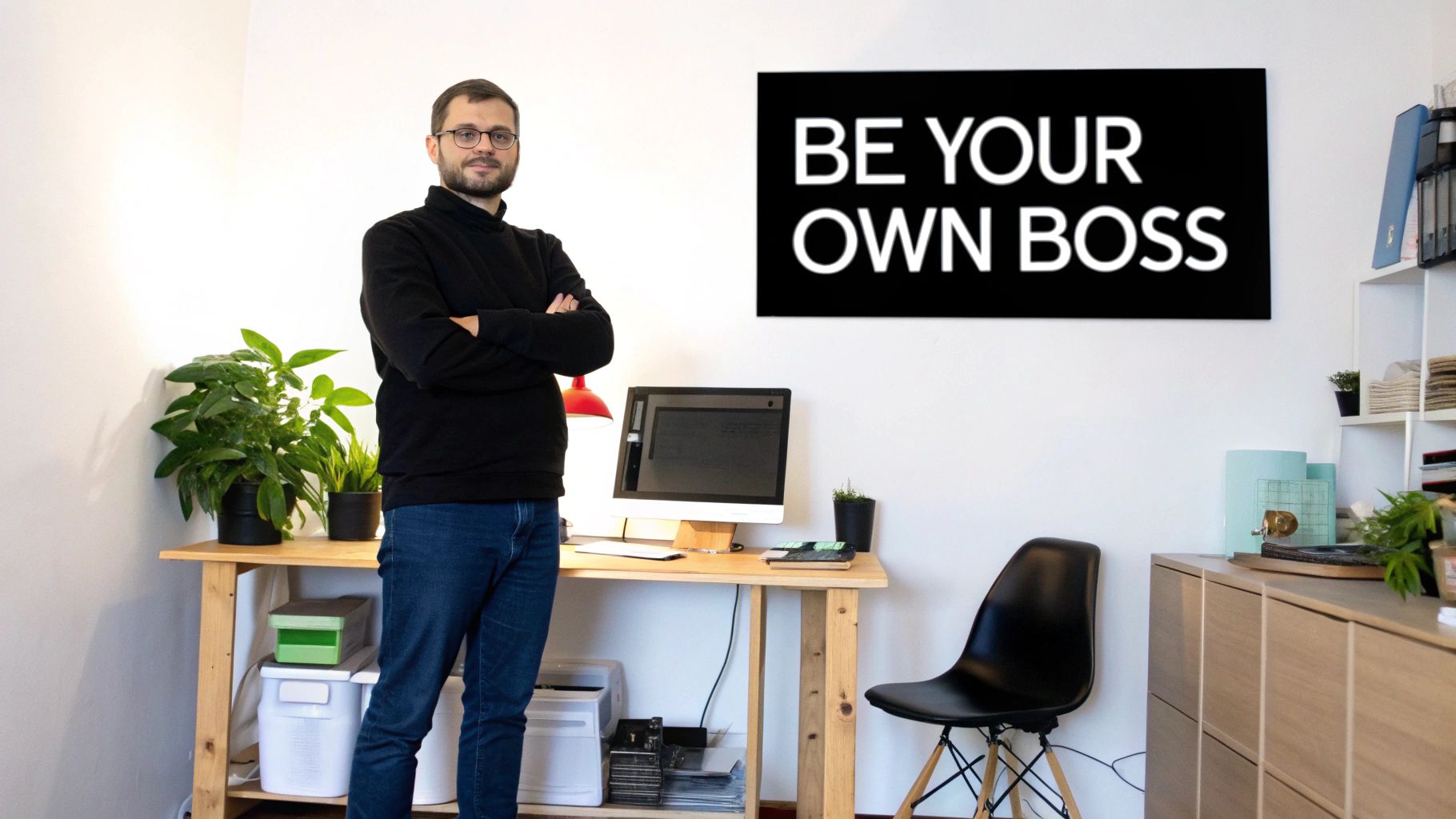 A man in glasses and a black sweater stands with crossed arms in a modern home office with a 'BE YOUR OWN BOSS' sign.
