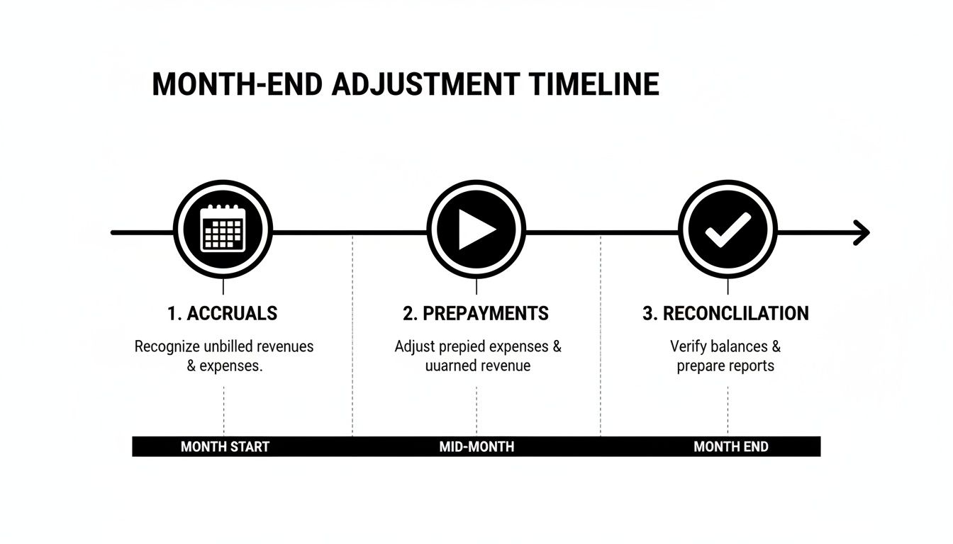 Month-end adjustment timeline illustrating key financial steps: accruals, prepayments, and reconciliation for accurate reporting.