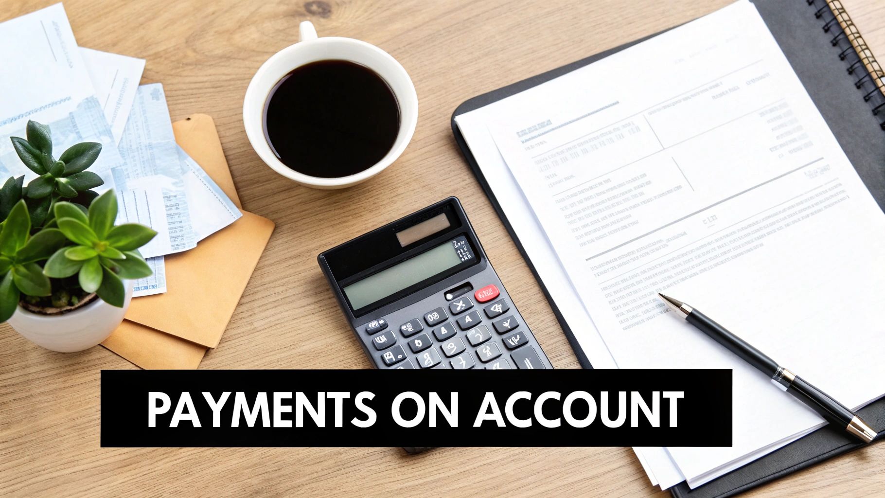 Overhead view of a desk with a calculator, documents, pen, and coffee, with text 'Payments on Account'.