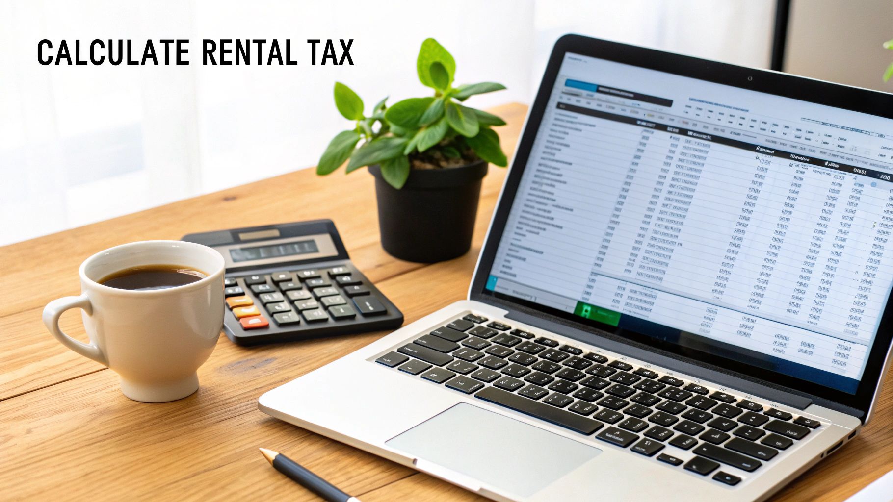 A person using a calculator with documents and a small house model on the desk, illustrating rental income tax calculation.
