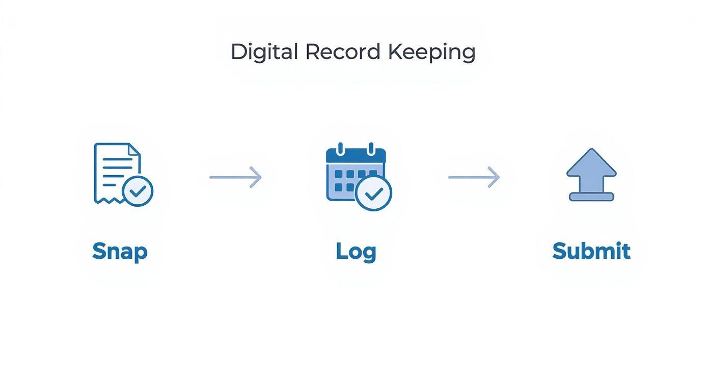 Infographic showing the process flow of digital record keeping with icons for Snap, Log, and Submit.