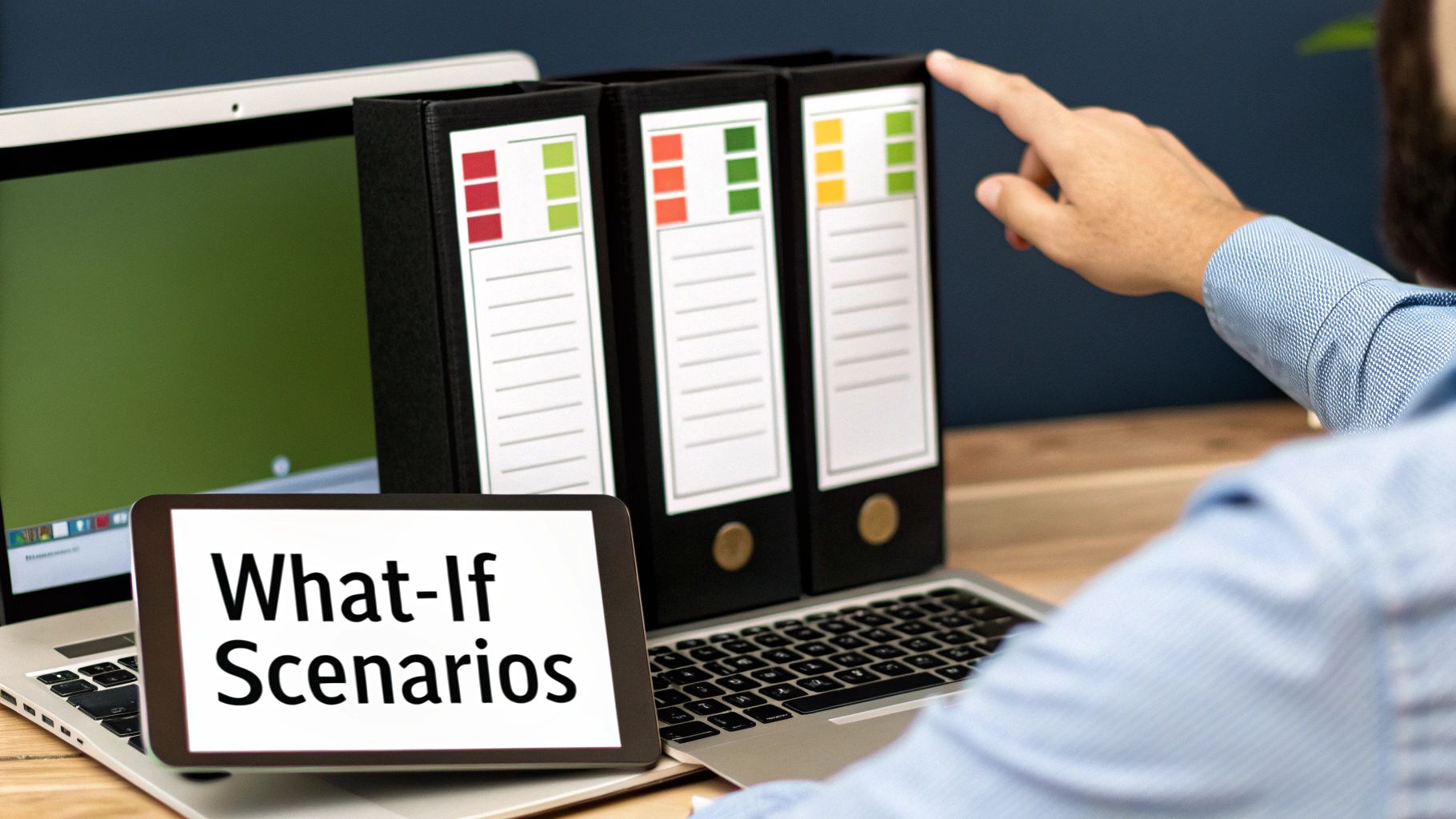 A man pointing at binders, with a laptop and a tablet displaying "What-If Scenarios" on a desk.