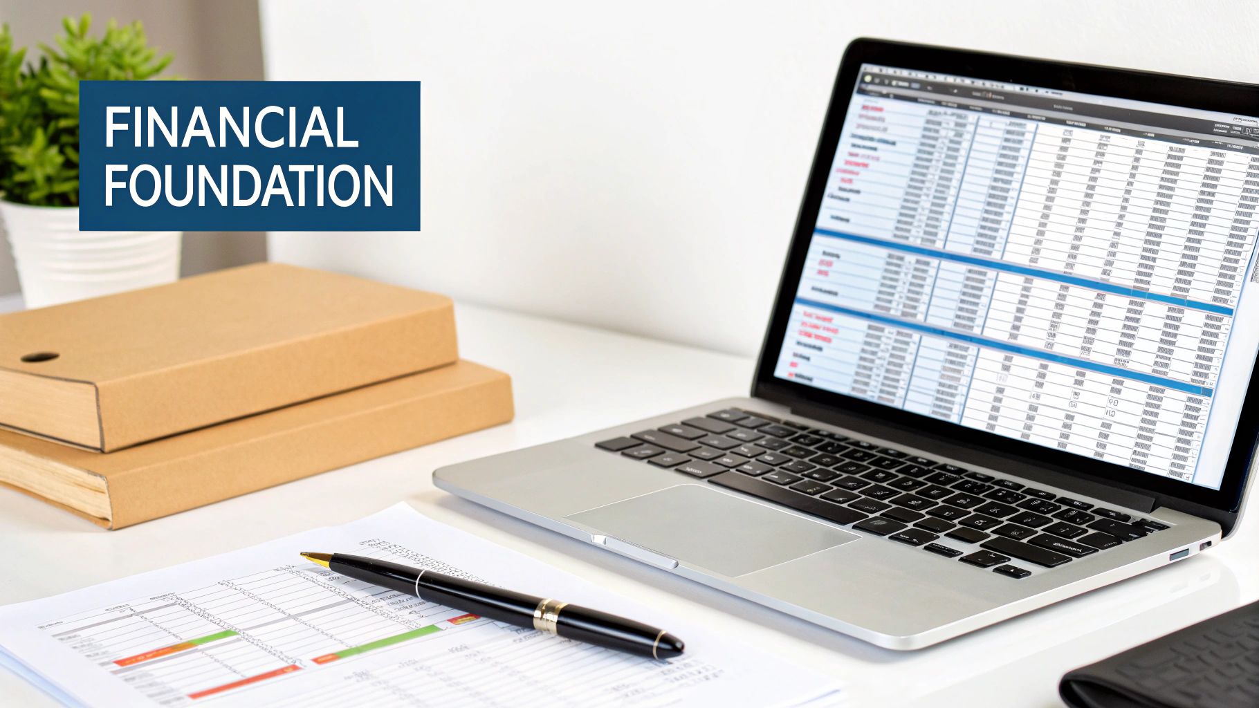 A person at a desk with a laptop, calculator, and neatly organised files, symbolising a solid financial foundation.