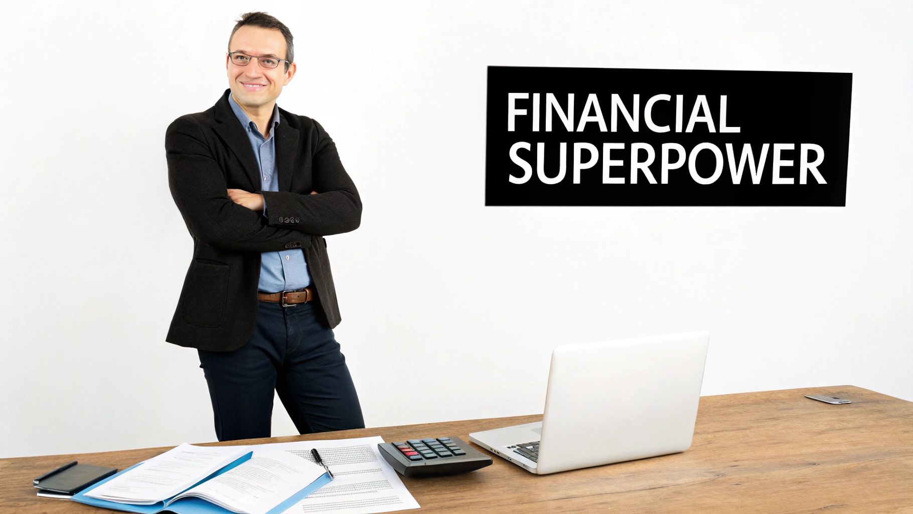 A smiling man stands with folded arms beside a desk with financial documents, a laptop, and a sign saying "FINANCIAL SUPERPOWER".