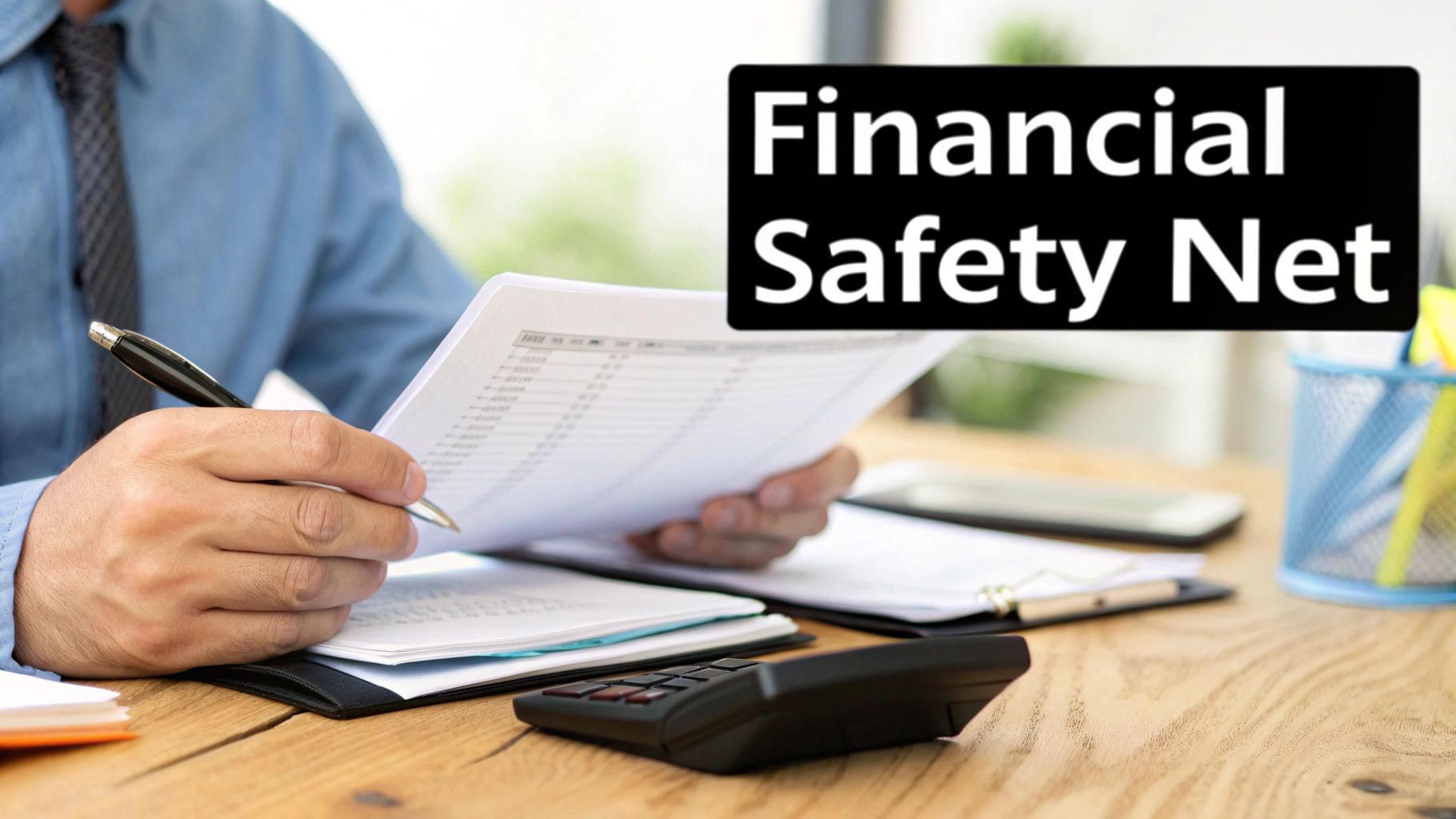 A person reviews financial documents and calculations at a desk, with "Financial Safety Net" text.