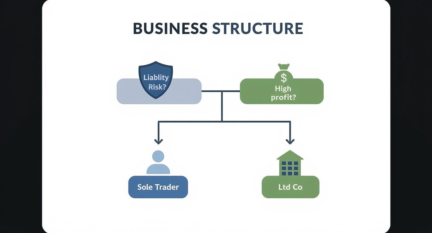 Infographic decision tree for choosing between a sole trader and limited company structure