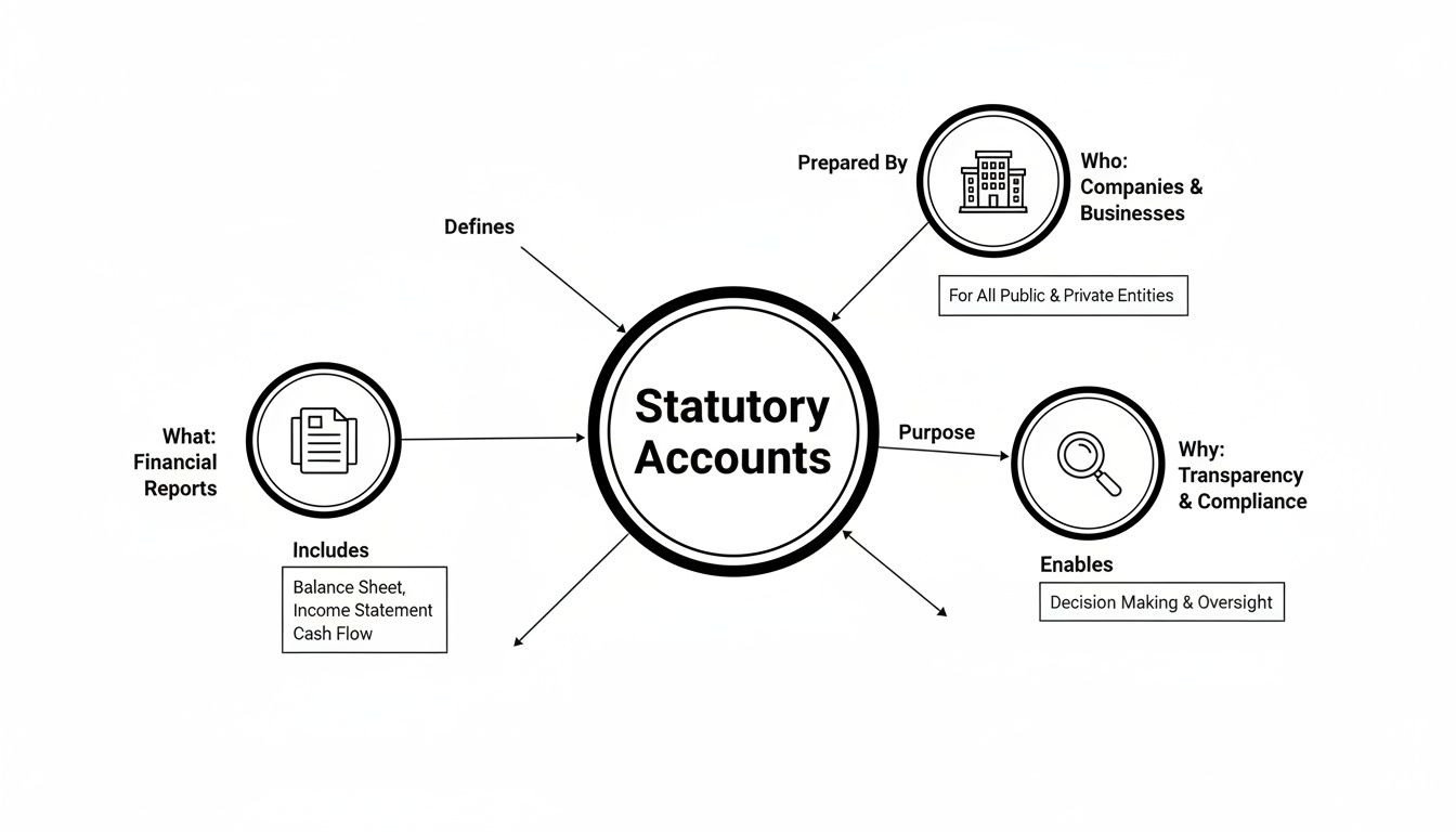 Mind map explaining statutory accounts: definition, preparers, purpose, and included financial reports.