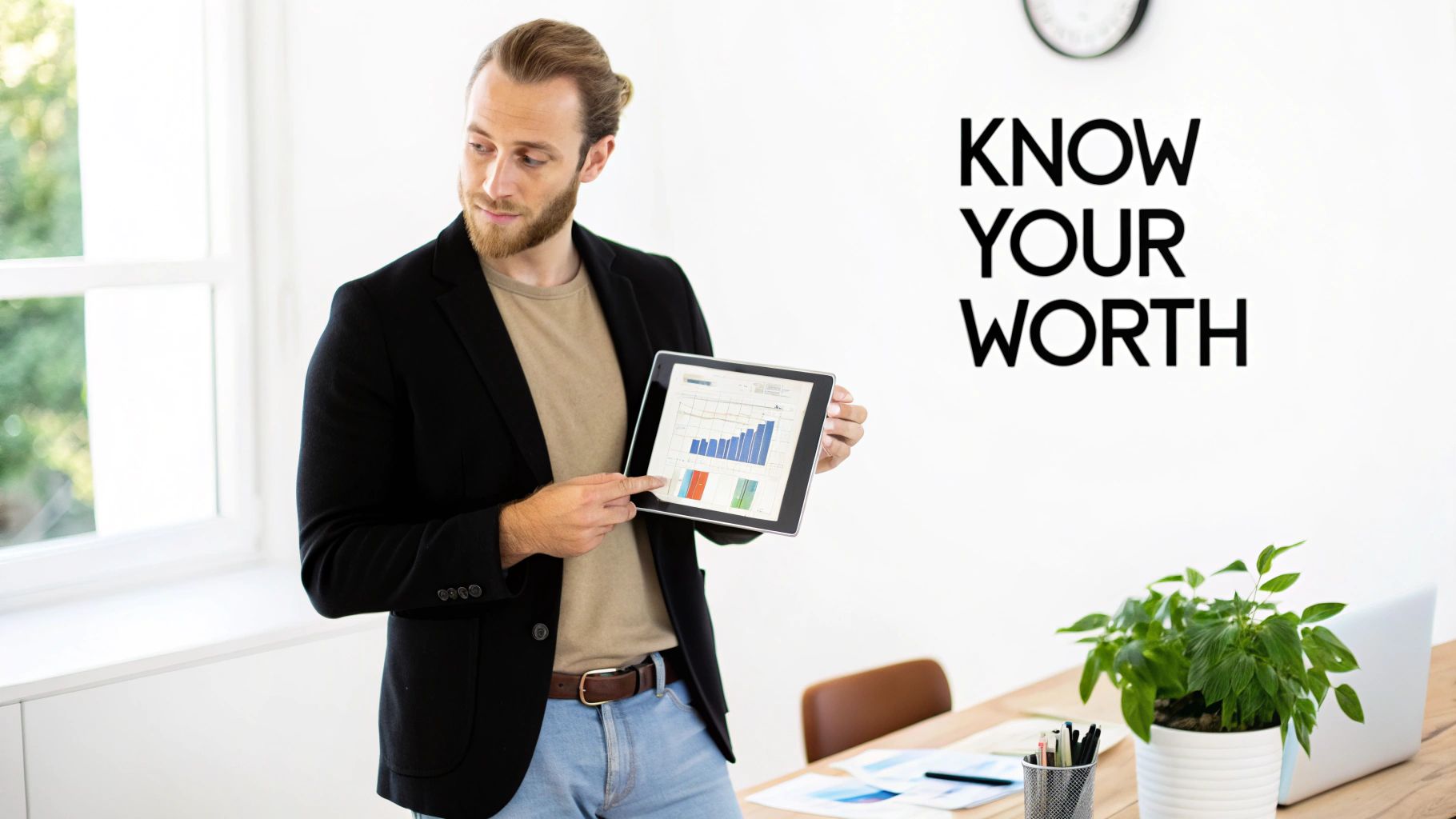 A bearded man displays a tablet with financial charts in a modern office, emphasising "KNOW YOUR WORTH".