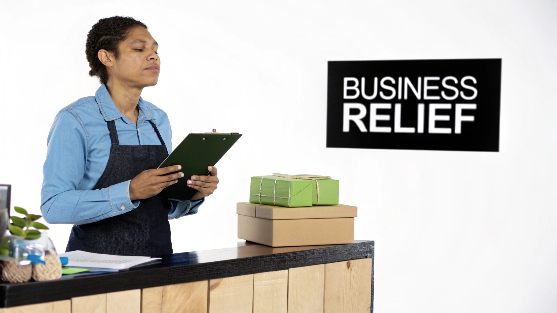 A small business owner checking orders on a clipboard next to packages and a "BUSINESS RELIEF" sign.