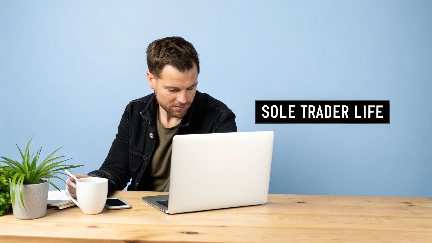 A person working on a laptop in a relaxed, creative environment, representing the freedom of a sole trader.