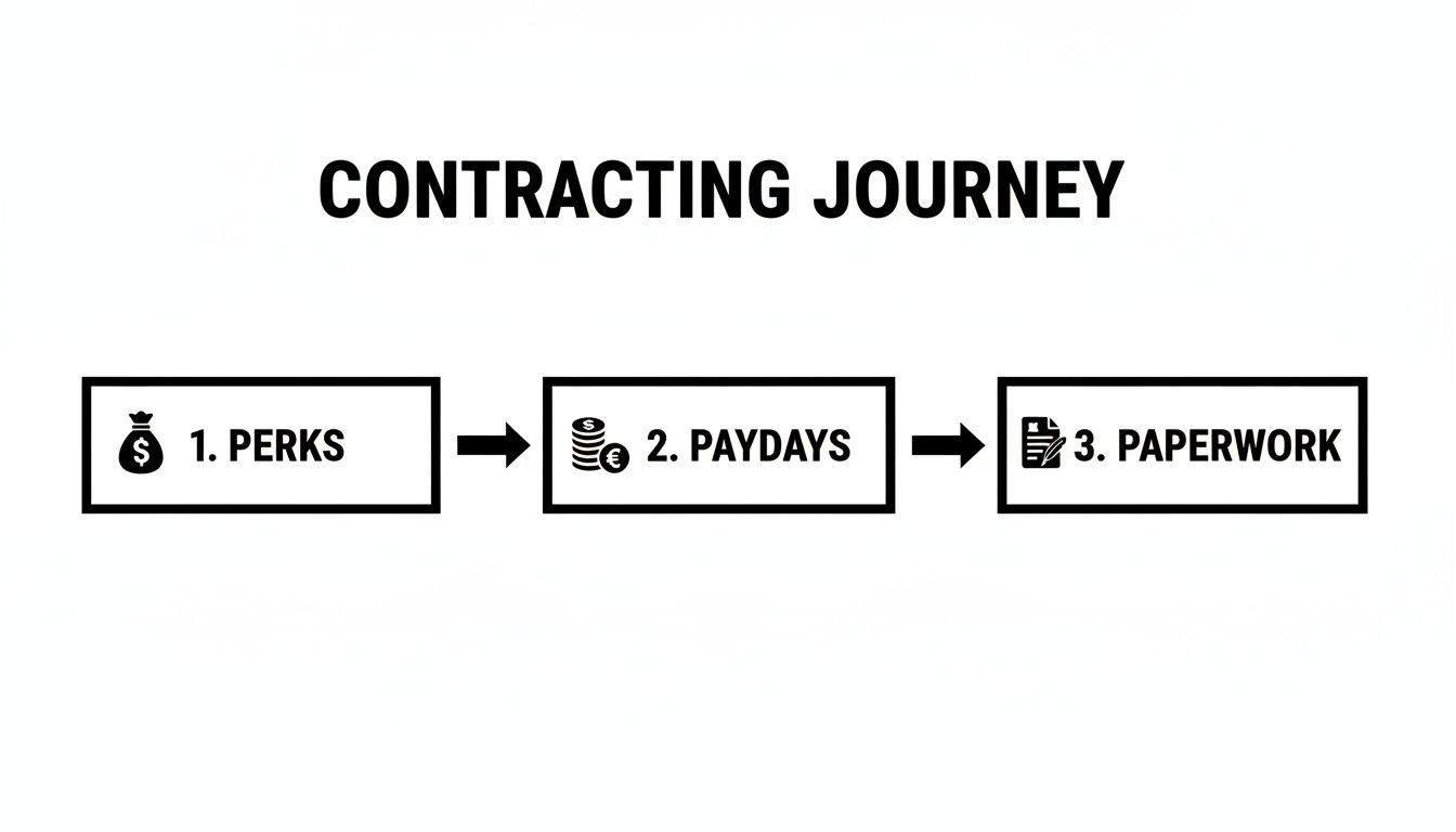 A contracting journey flowchart showing three steps: 1. Perks, 2. Paydays, and 3. Paperwork.
