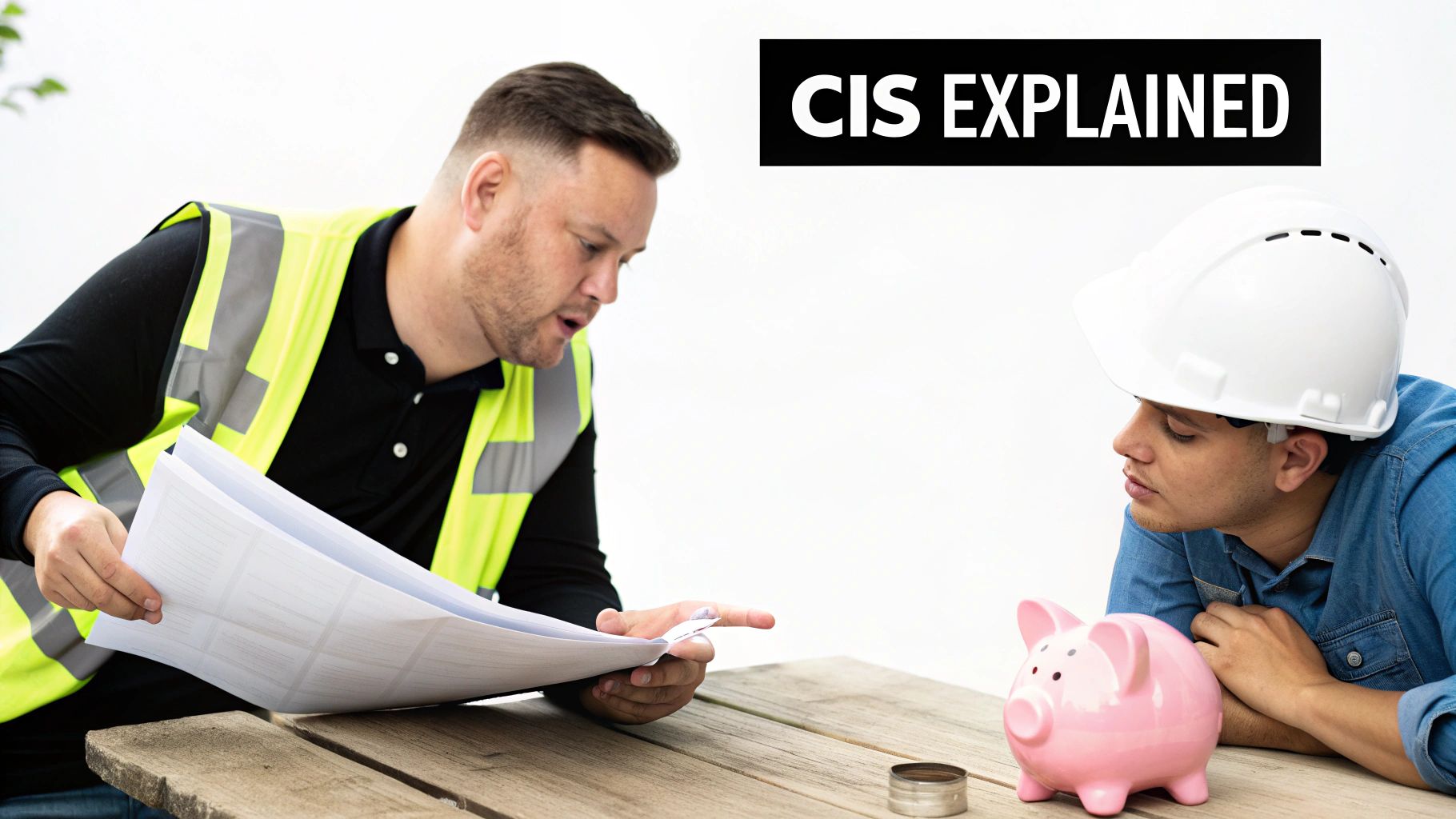 Two construction workers discuss documents at a wooden table, with a piggy bank and 'CIS Explained' title.