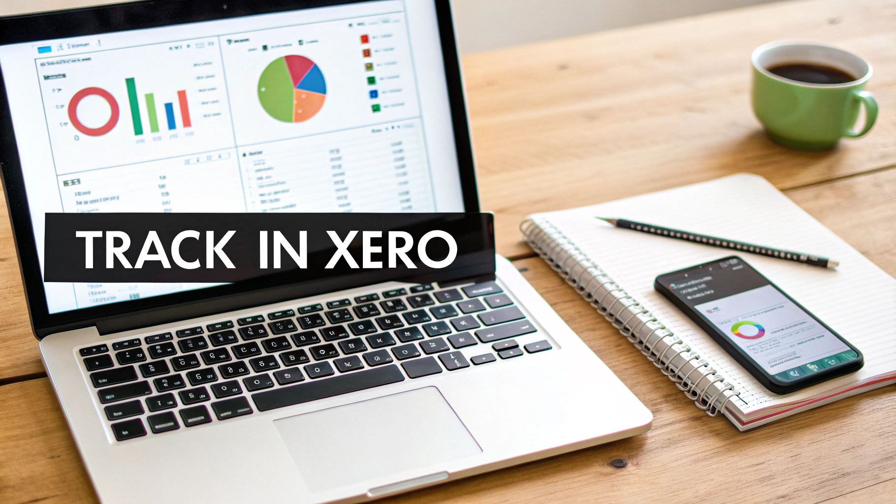 Laptop displaying Xero financial software with charts, a smartphone, notebook, and coffee on a wooden desk.