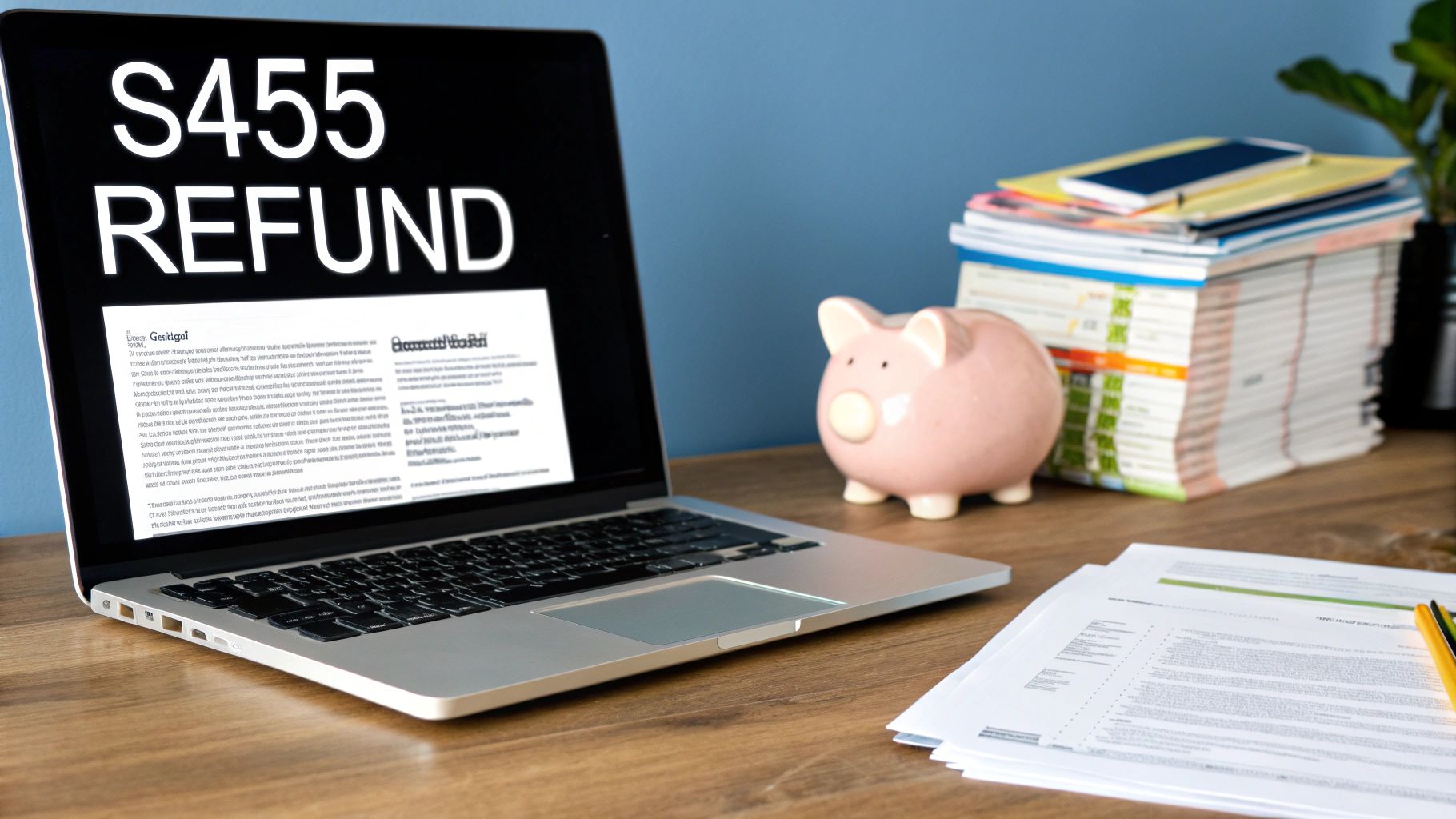 A smiling person reviewing financial documents at a desk, looking relieved.