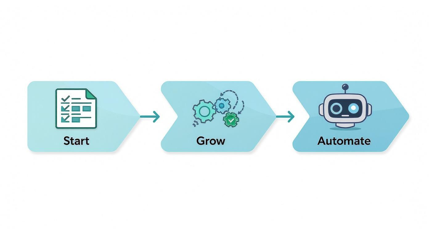 Infographic showing the evolution of accounting tools from a simple spreadsheet for starting, to gears for growing, to a robot for automating.