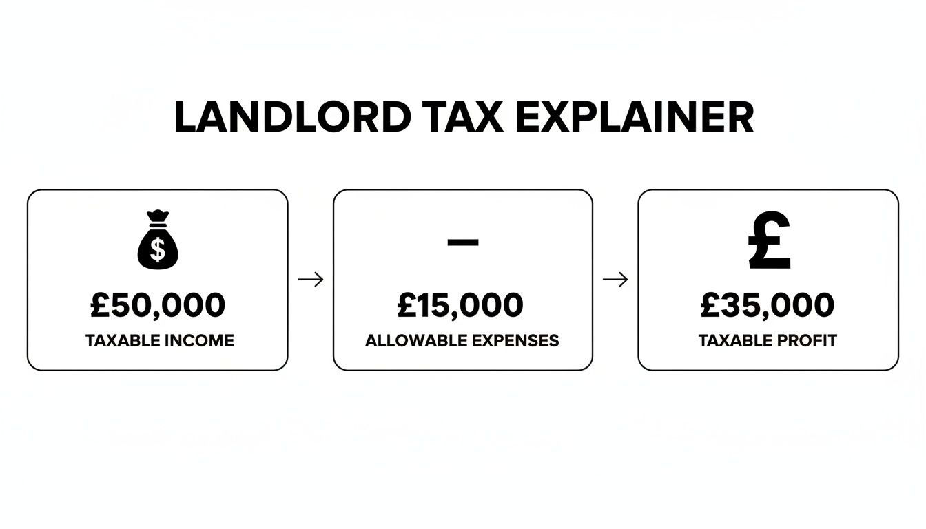 A landlord tax explainer showing a calculation: £50,000 taxable income minus £15,000 allowable expenses equals £35,000 taxable profit.