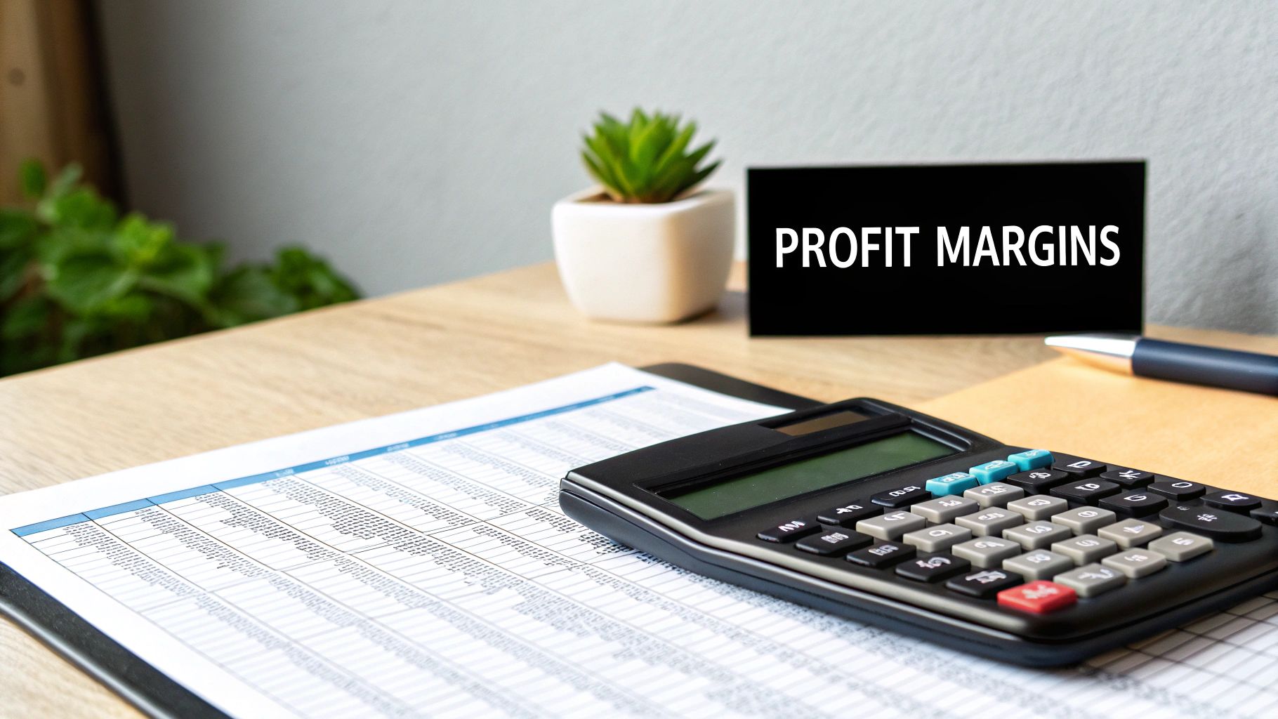 Calculator and financial spreadsheet on desk with profit margins sign for business analysis