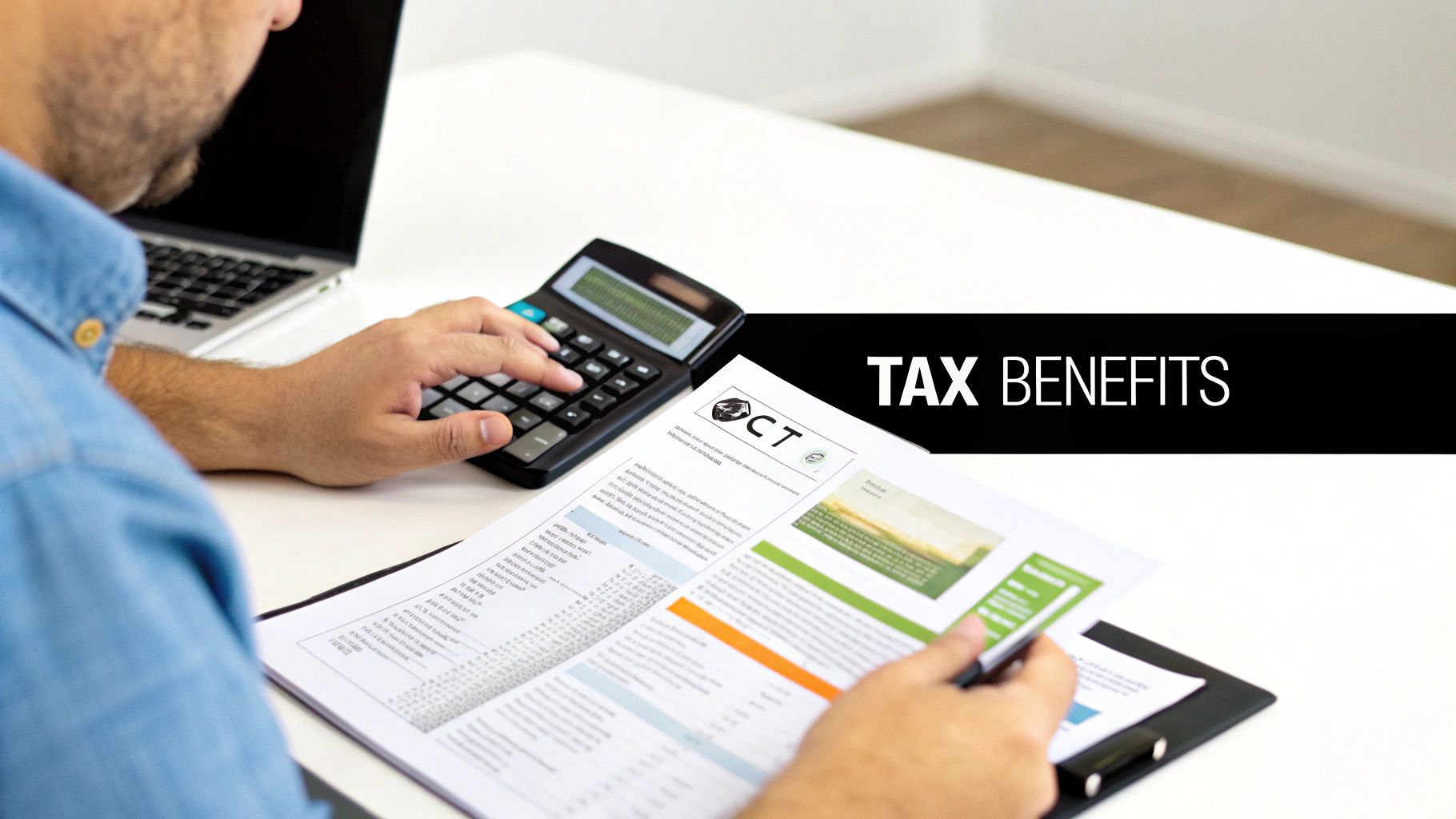 A magnifying glass hovering over financial documents with charts and graphs, symbolising a close look at the tax benefits of VCTs.