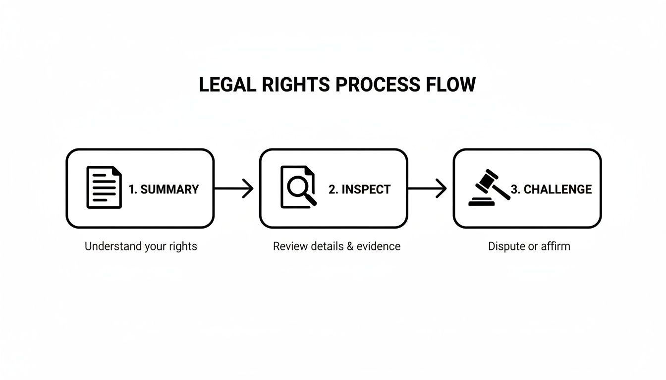 Flowchart illustrating a legal rights process, detailing steps from Summary to Inspect and Challenge.