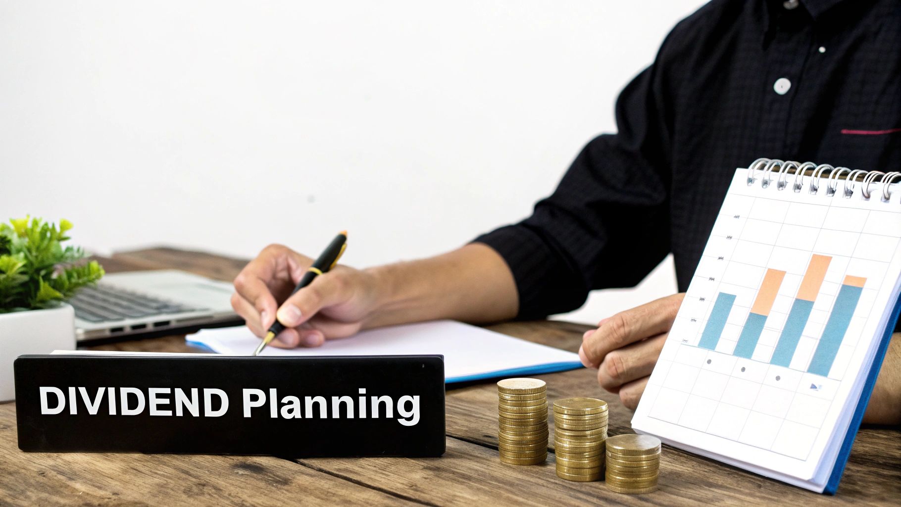A person at a desk with a calculator and charts, planning their finances to represent tax-efficient dividend strategies.