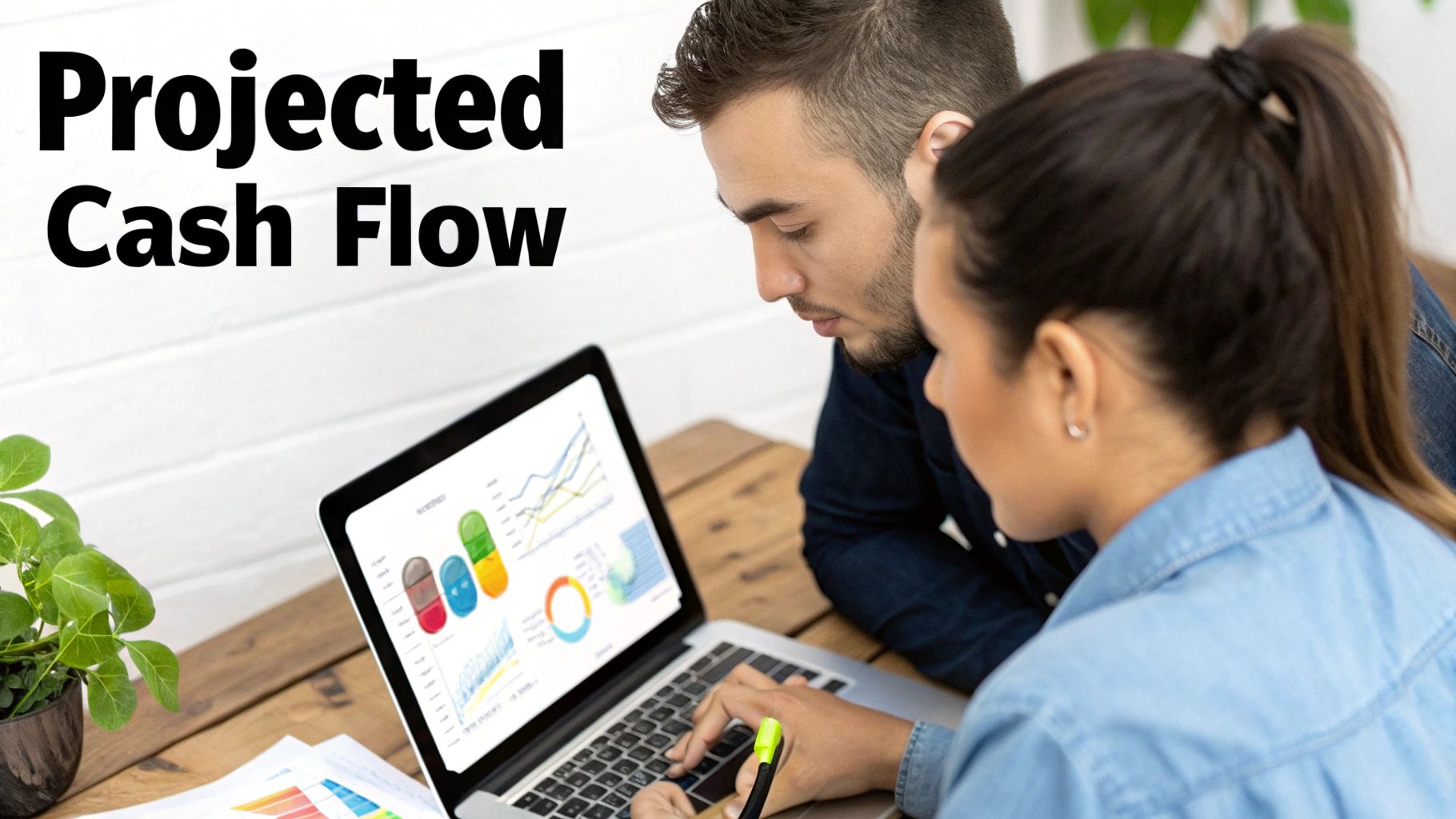 Two business professionals analysing projected cash flow and financial data on a laptop.
