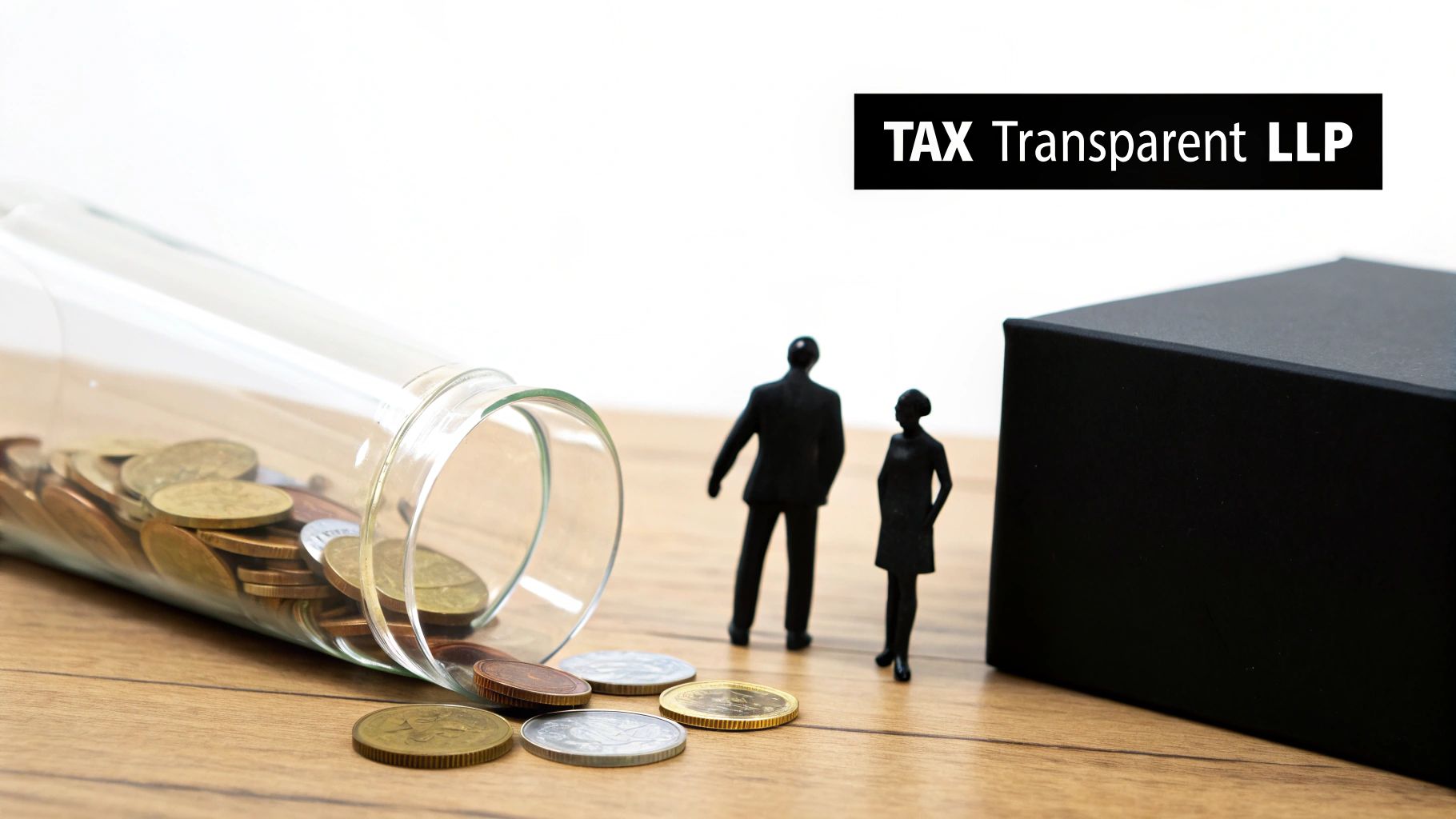 Miniature figures, coins, and a black box symbolize business finances with text 'TAX Transparent LLP'.
