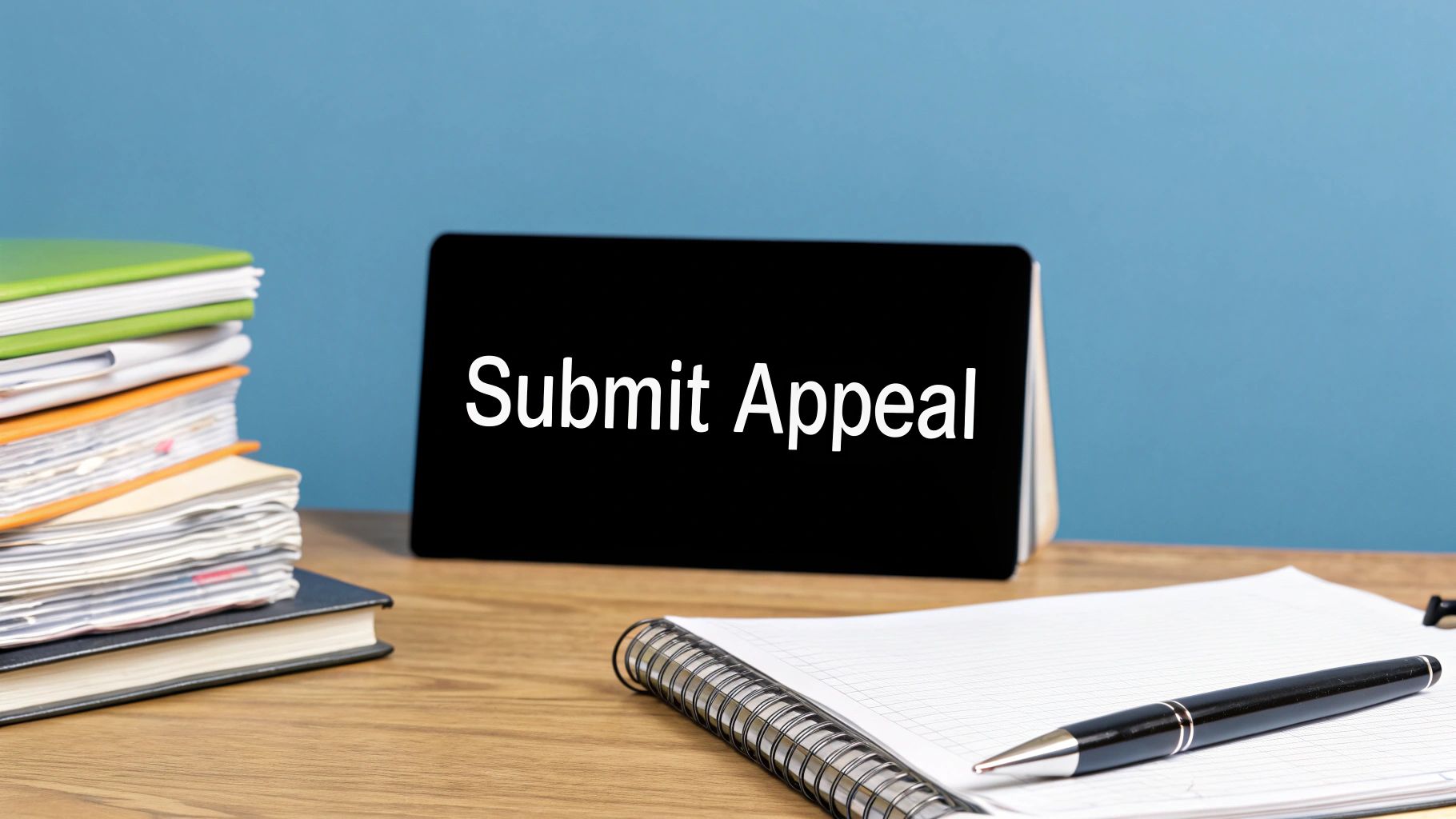 A black desk sign displays 'Submit Appeal' in white text, next to a stack of documents and a notebook with a pen.