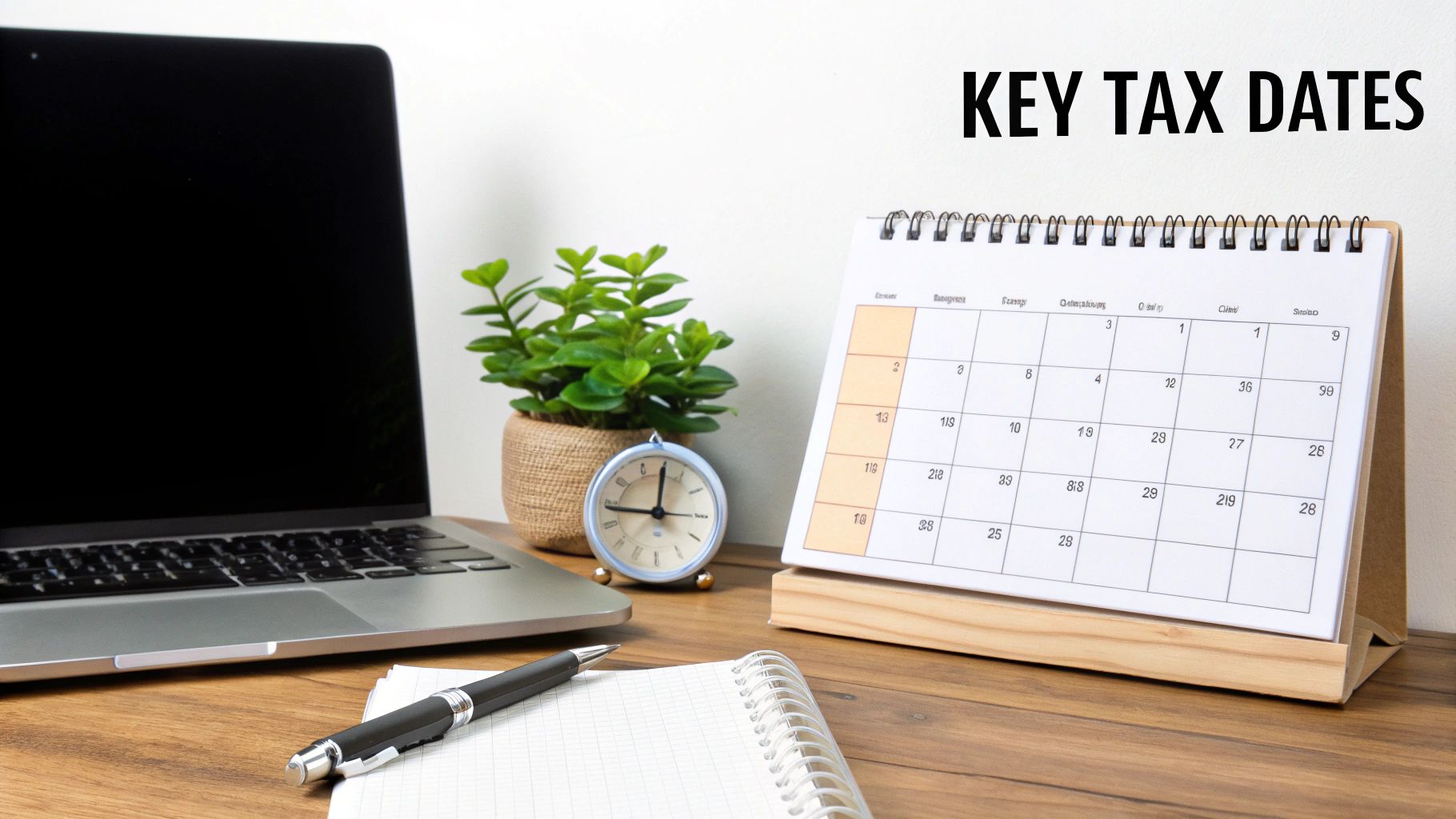 A person working on a laptop with a calendar in the background