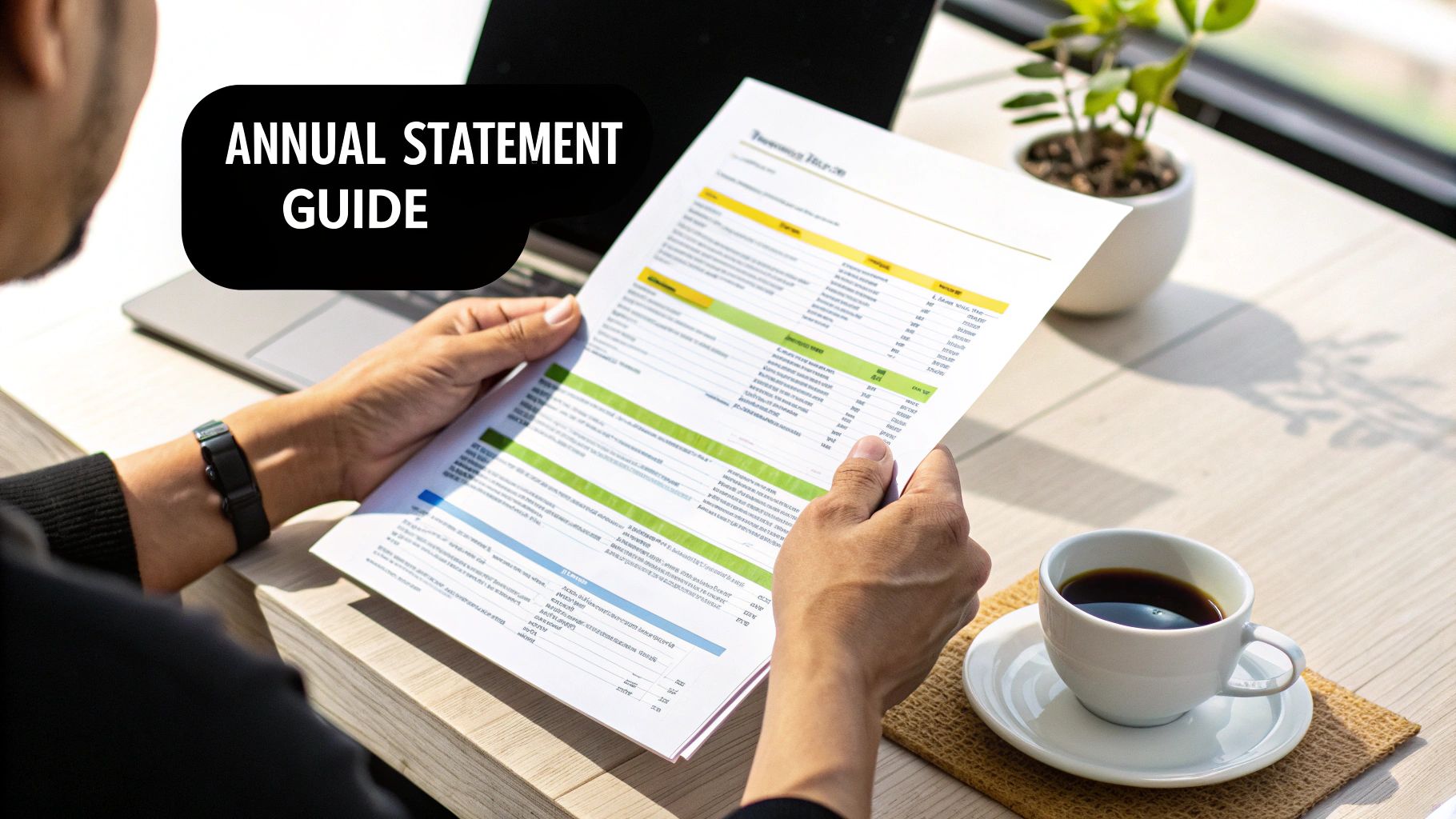 Person holding an "Annual Statement Guide" document, reviewing financial reports at a sunlit desk with coffee and a laptop.