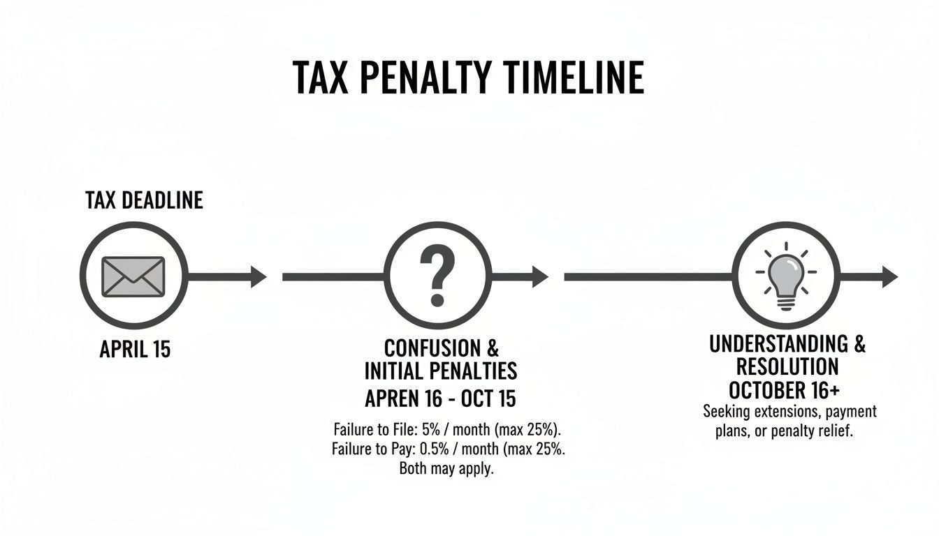 Timeline illustrating tax penalties for late filing and payment, from April 15 deadline to resolution options.
