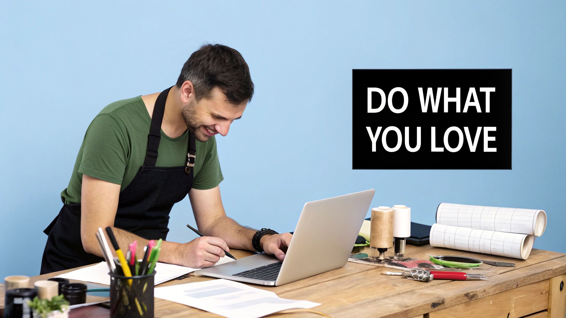 A sole trader looking stressed while managing paperwork at a desk.