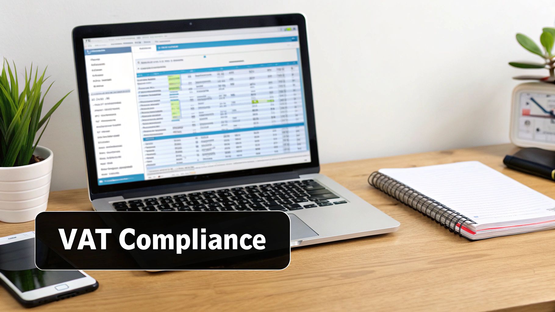 A laptop on a wooden desk displaying financial software, next to a notebook and a smartphone, with 'VAT Compliance' text.