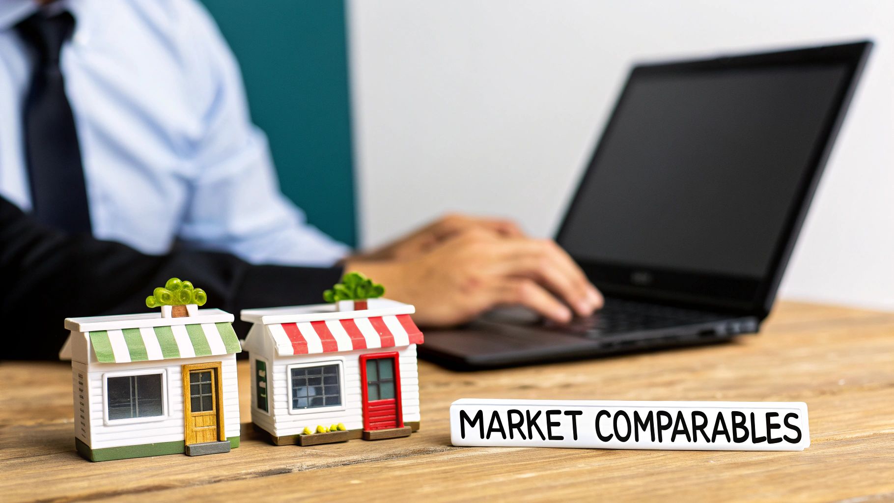 Miniature houses and a 'MARKET COMPARABLES' sign on a wooden table, with a person using a laptop in the background.