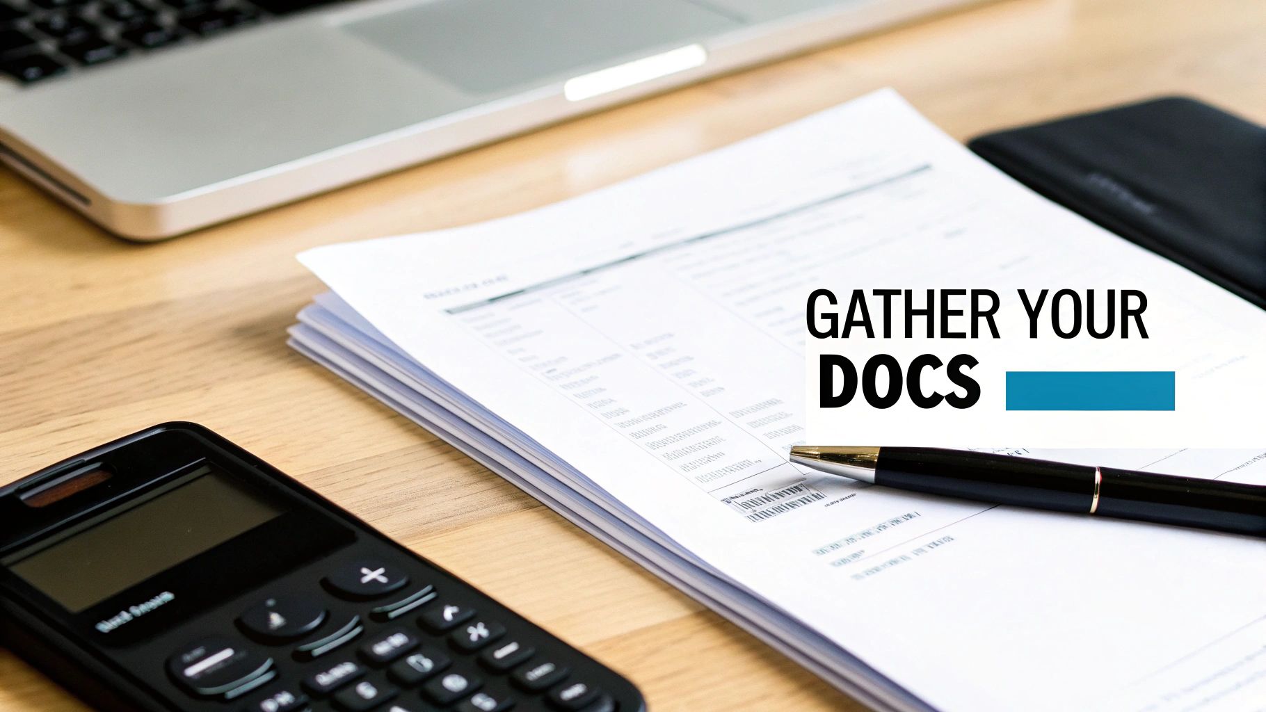 A person organising invoices and receipts on a desk with a calculator and laptop