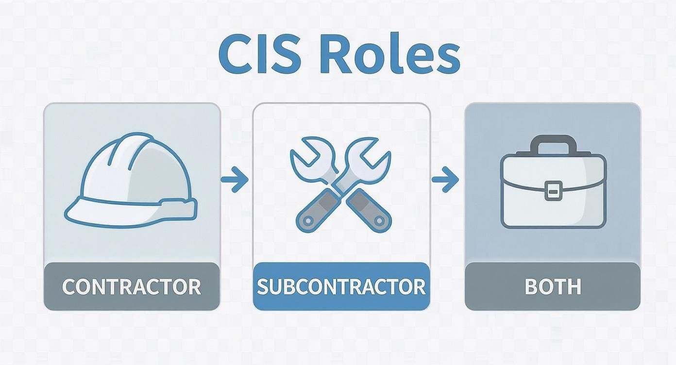 Diagram illustrating CIS roles: Contractor (hard hat), Subcontractor (wrenches), and Both (briefcase).